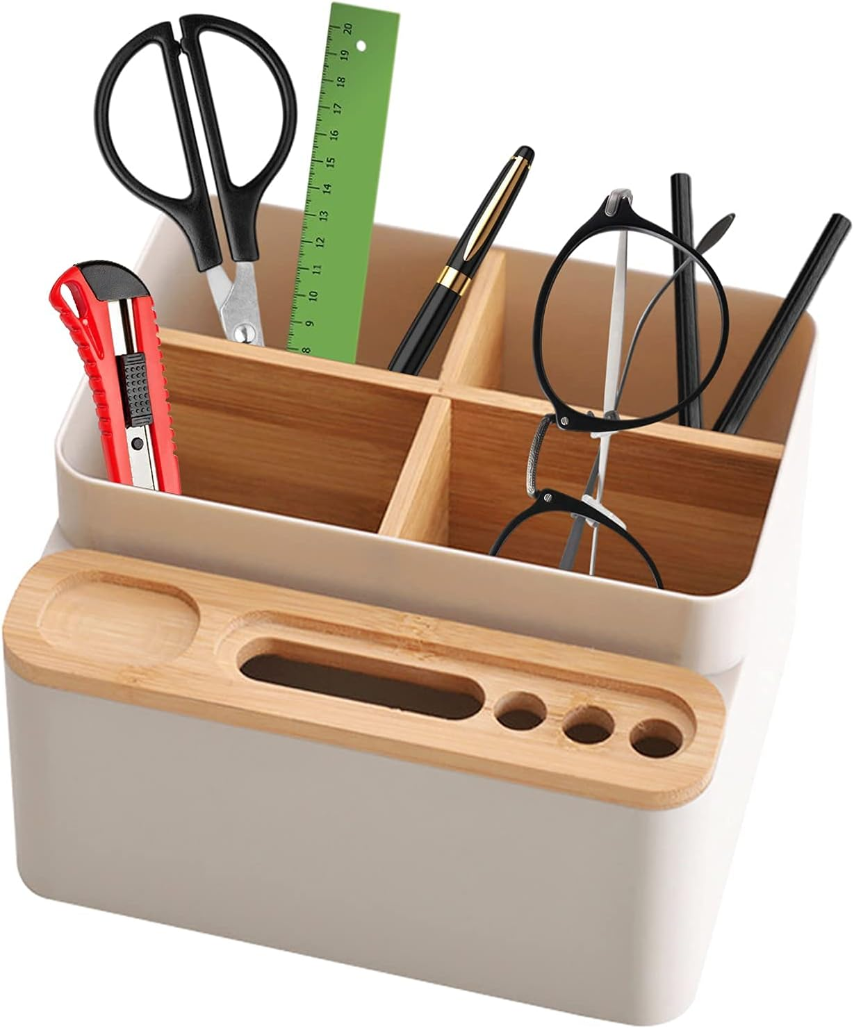 Schreibtischorganizer mit Schere, Lineal, Stift, Brille, Cutter und Stiften.