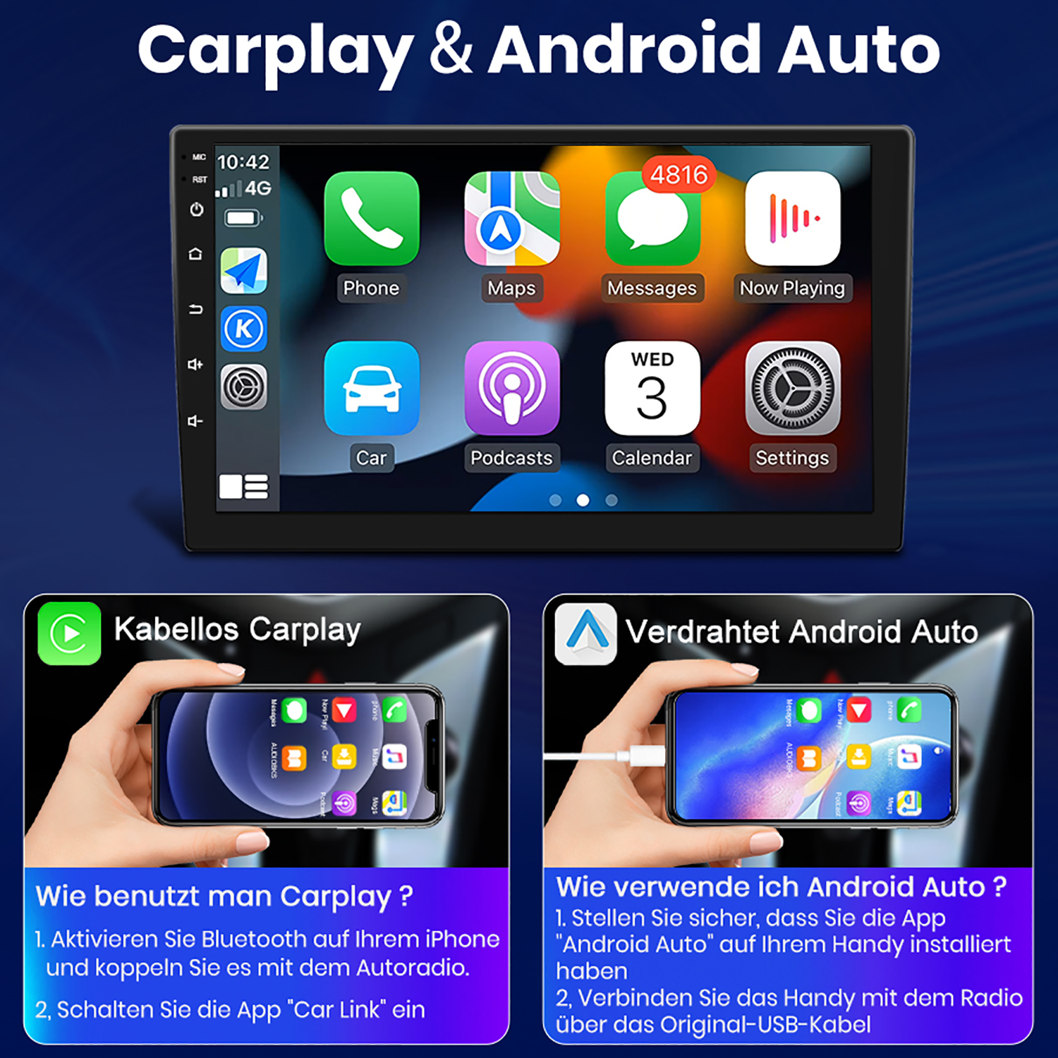 Carplay und Android Auto werden auf einem Autoradio-Bildschirm angezeigt. Zwei Telefone zeigen die Funktionen. Texte enthalten.