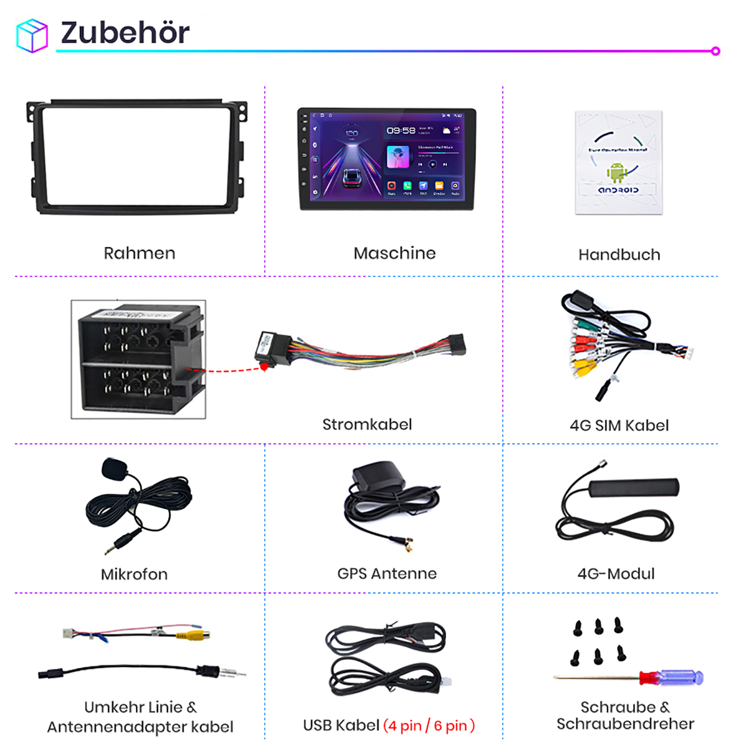 Verschiedenes Car-Audio-Zubehör: Rahmen, Maschine, Handbuch, Kabel, Mikrofon, GPS-Antenne und mehr.