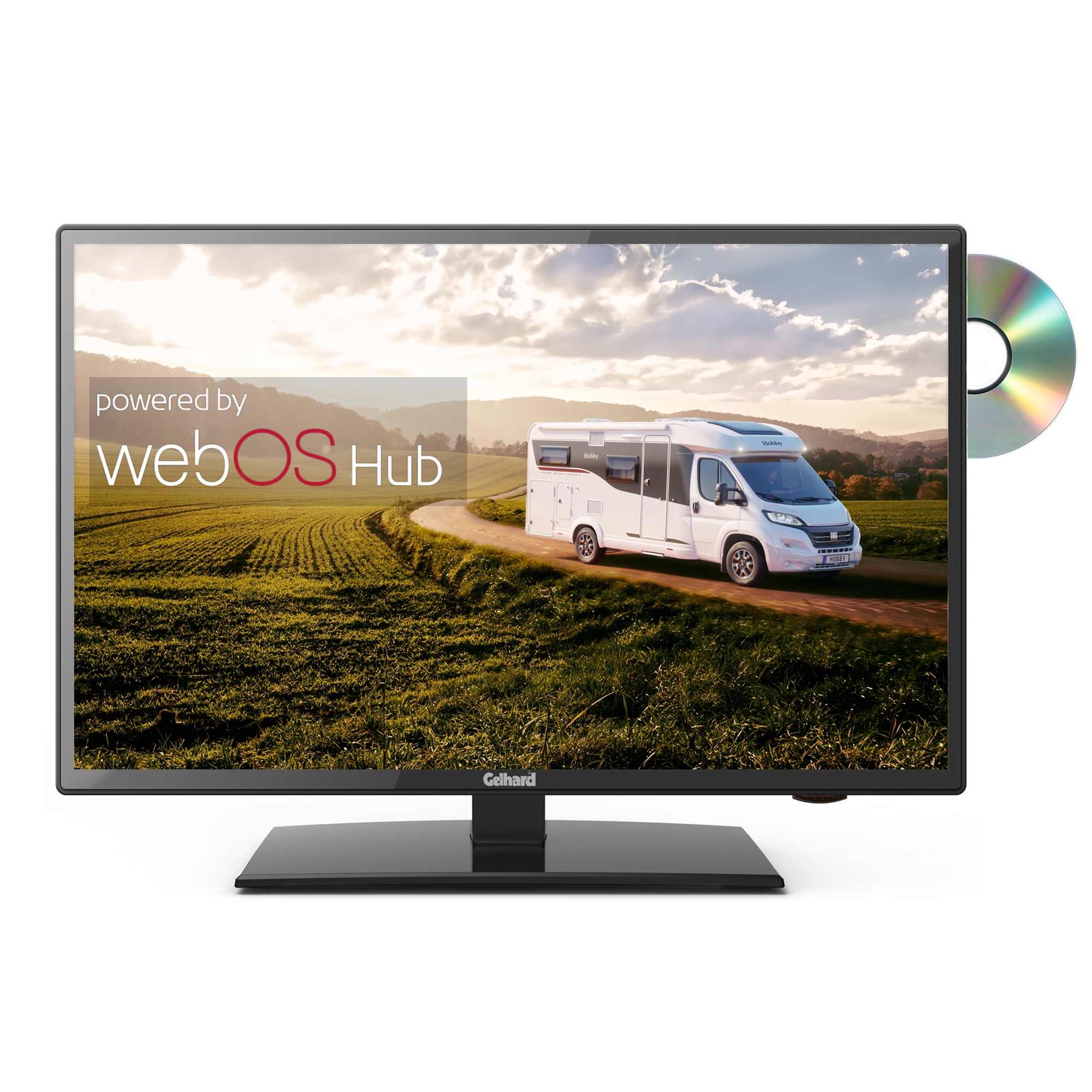 Ein Fernseher mit einer DVD zeigt einen Wohnwagen, der durch ein Feld fährt.
