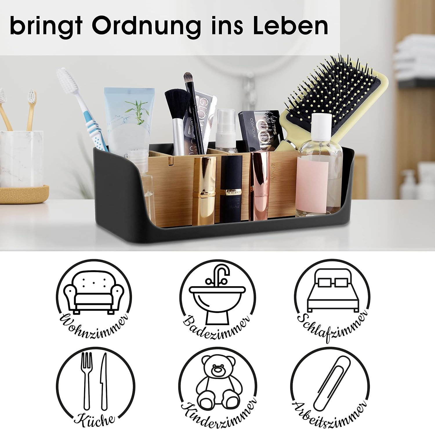 Schwarzer Organizer mit Toilettenartikeln. Enthält Zahnbürsten, Lotionen, Make-up, Haarbürste und Icons.