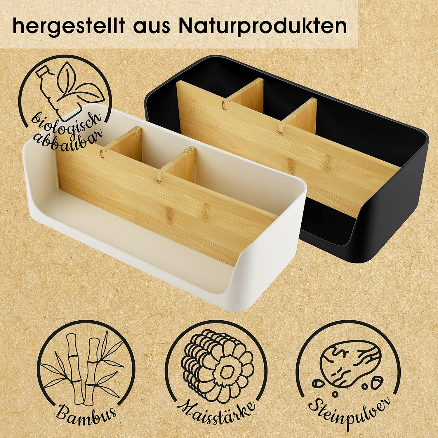 Zwei Behälter, weiß und schwarz, mit Bambus-Teilern und Logos von Bambus, Maisstärke und Steinpulver.