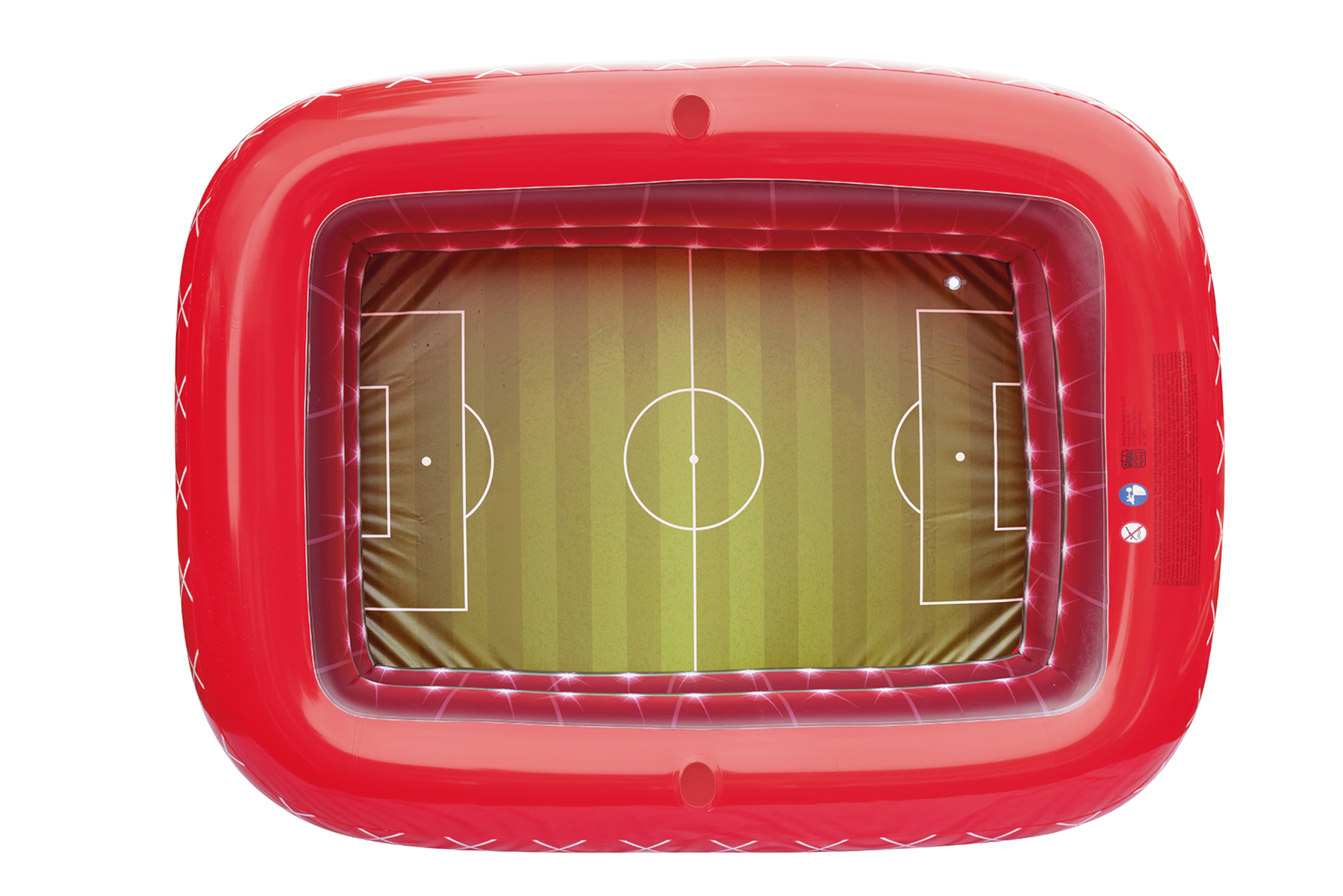 Aufblasbares rotes Fußballfeld, Draufsicht. Grünes Feld mit weißen Linien, innerhalb eines roten Randes.