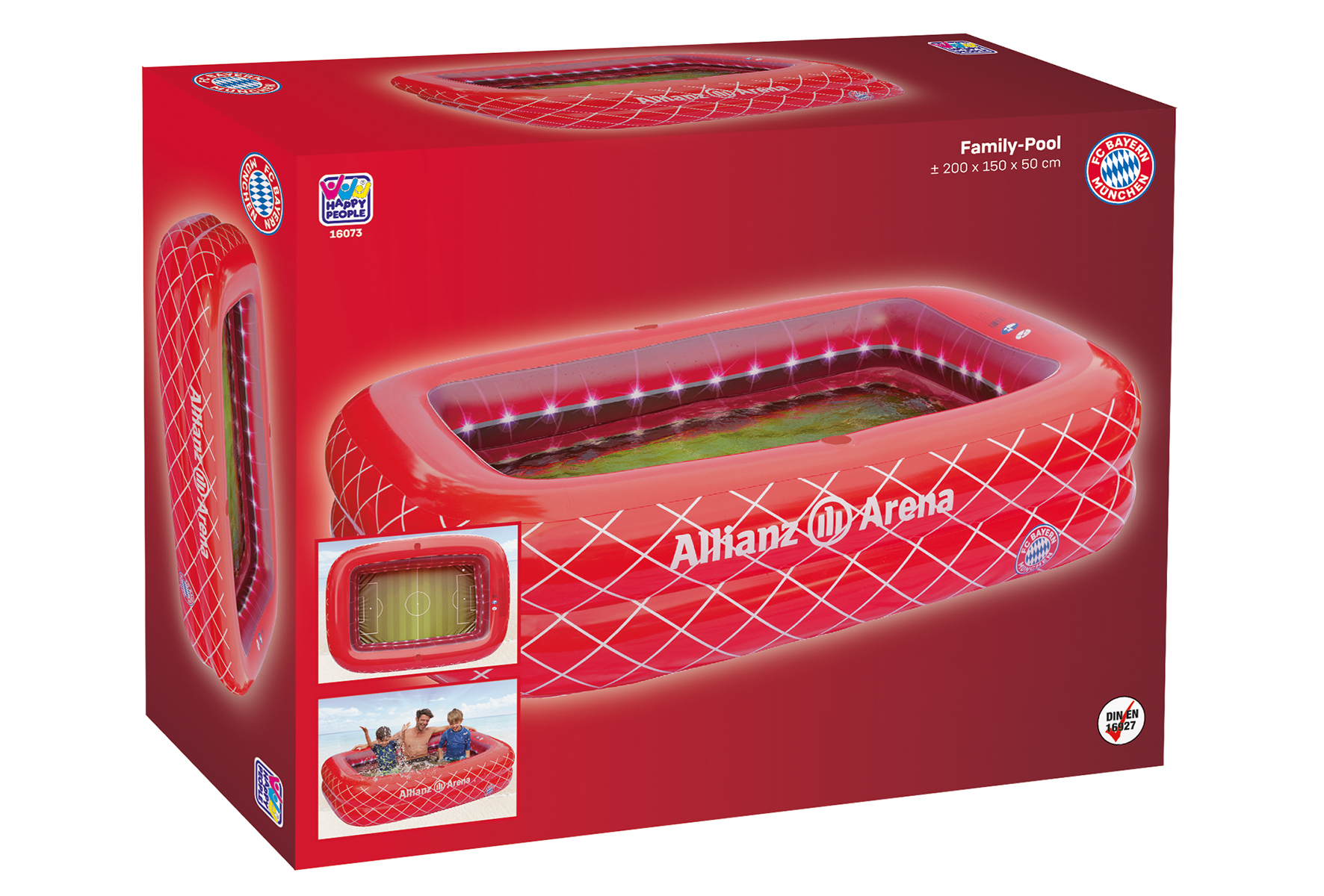 Schachtel eines rot-weißen aufblasbaren Pools, der als Allianz Arena-Stadion gestaltet ist.
