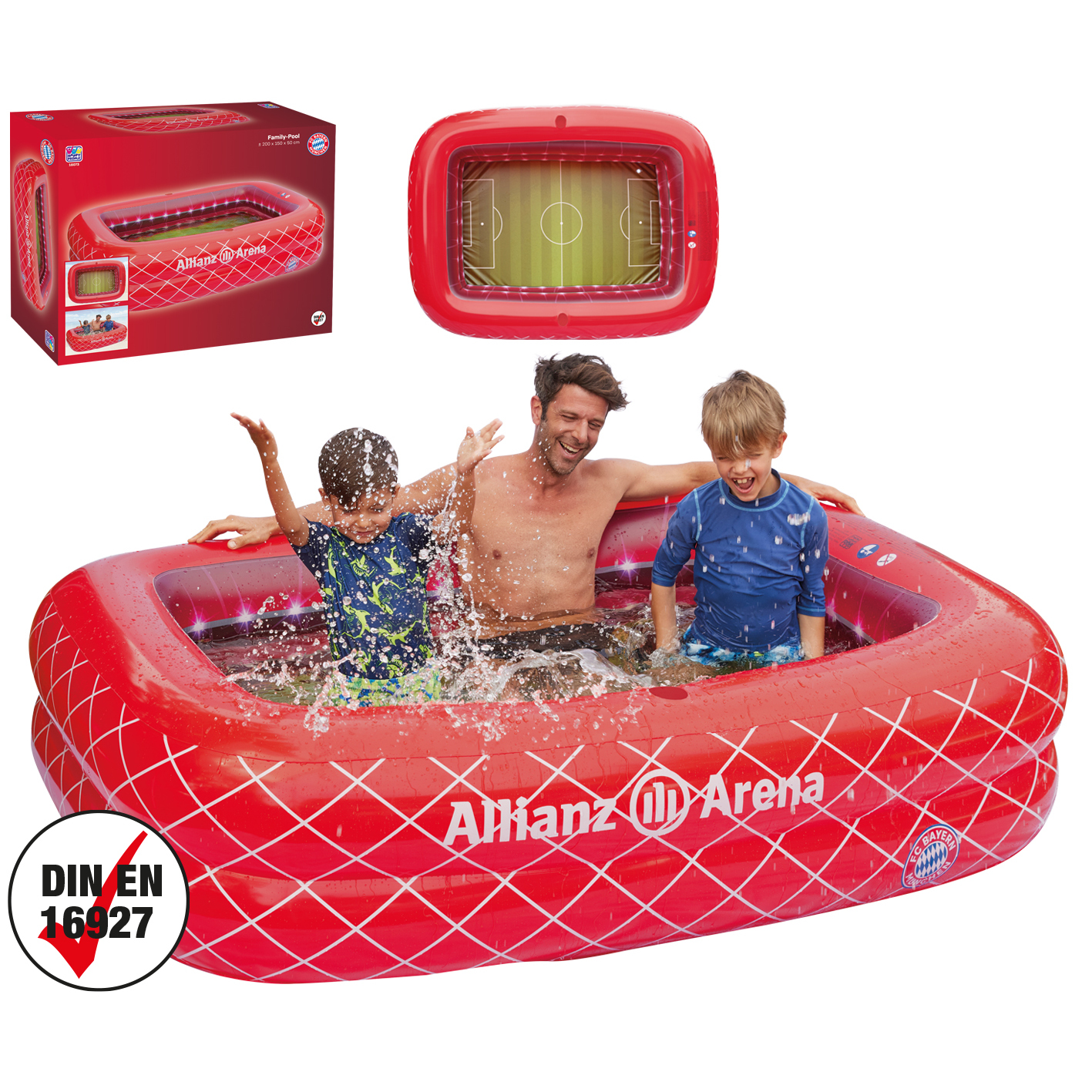 Ein roter aufblasbarer Pool mit dem Allianz Arena Logo und einer Familie darin, mit einer Box in der Ecke.