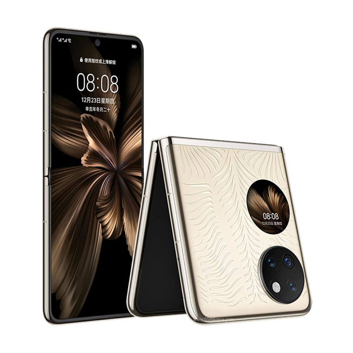 Zwei goldene faltbare Telefone. Die Telefone sind geöffnet und geschlossen. Ein modernes Design ist sichtbar.