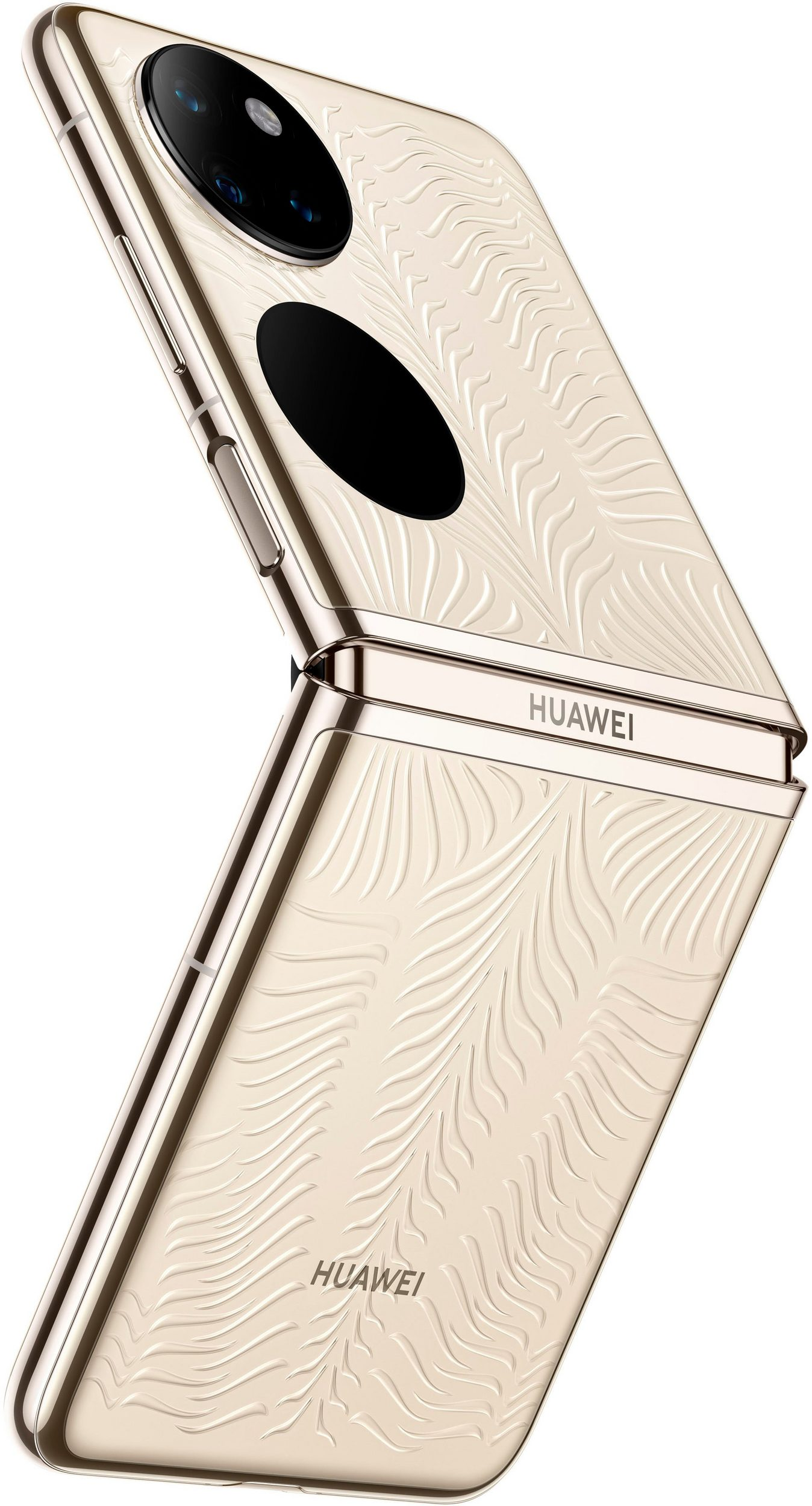 Faltbares Gold-Telefon mit strukturiertem, floralem Design. Das Huawei-Logo ist auf der unteren Hälfte sichtbar.