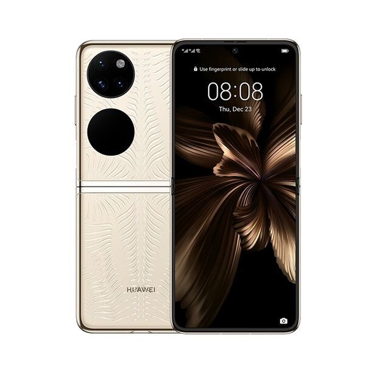 Goldenes faltbares Telefon mit Uhrzeit und Zierornament auf der Rückseite.
