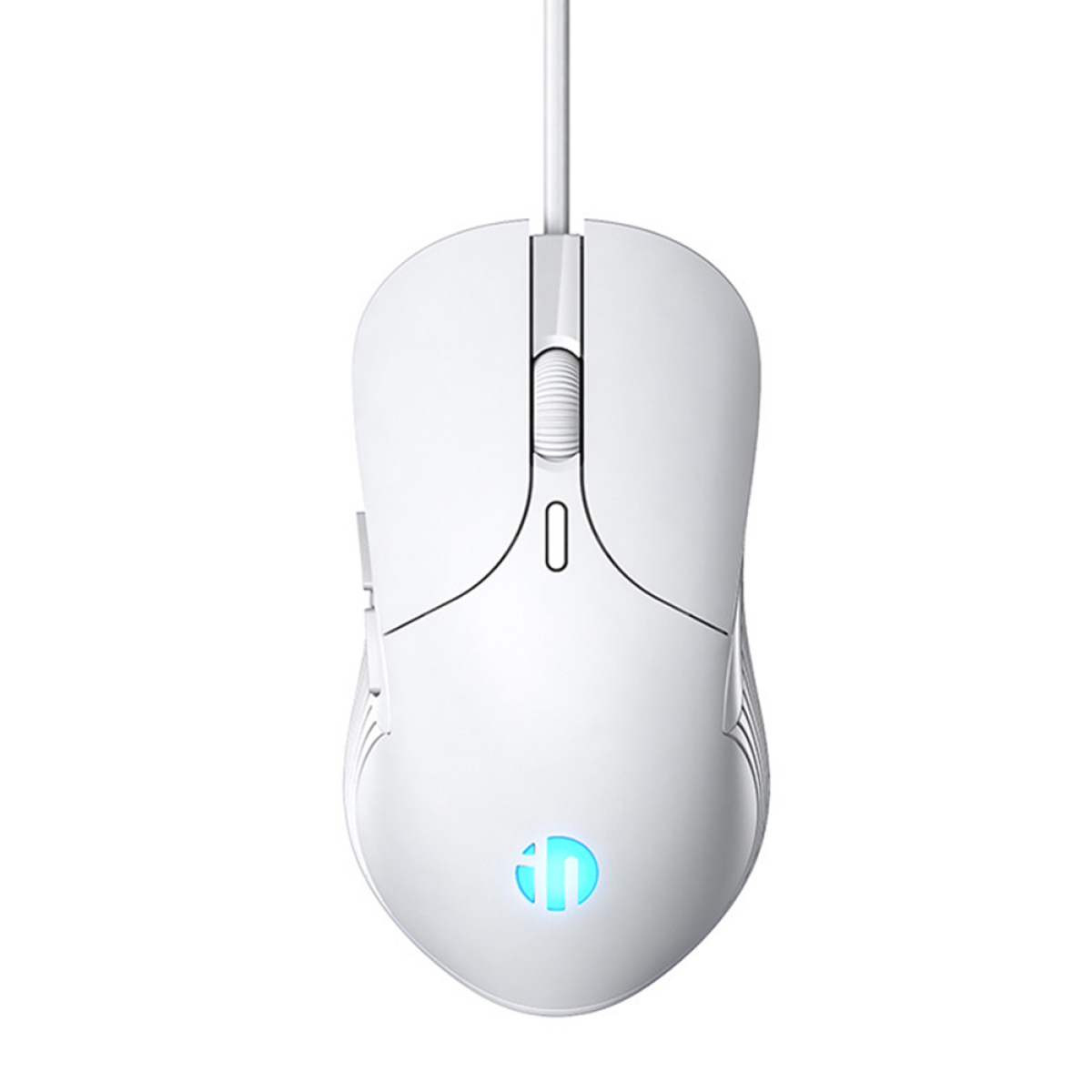 Weiße Computermaus mit blauem Licht, auf weißem Hintergrund.