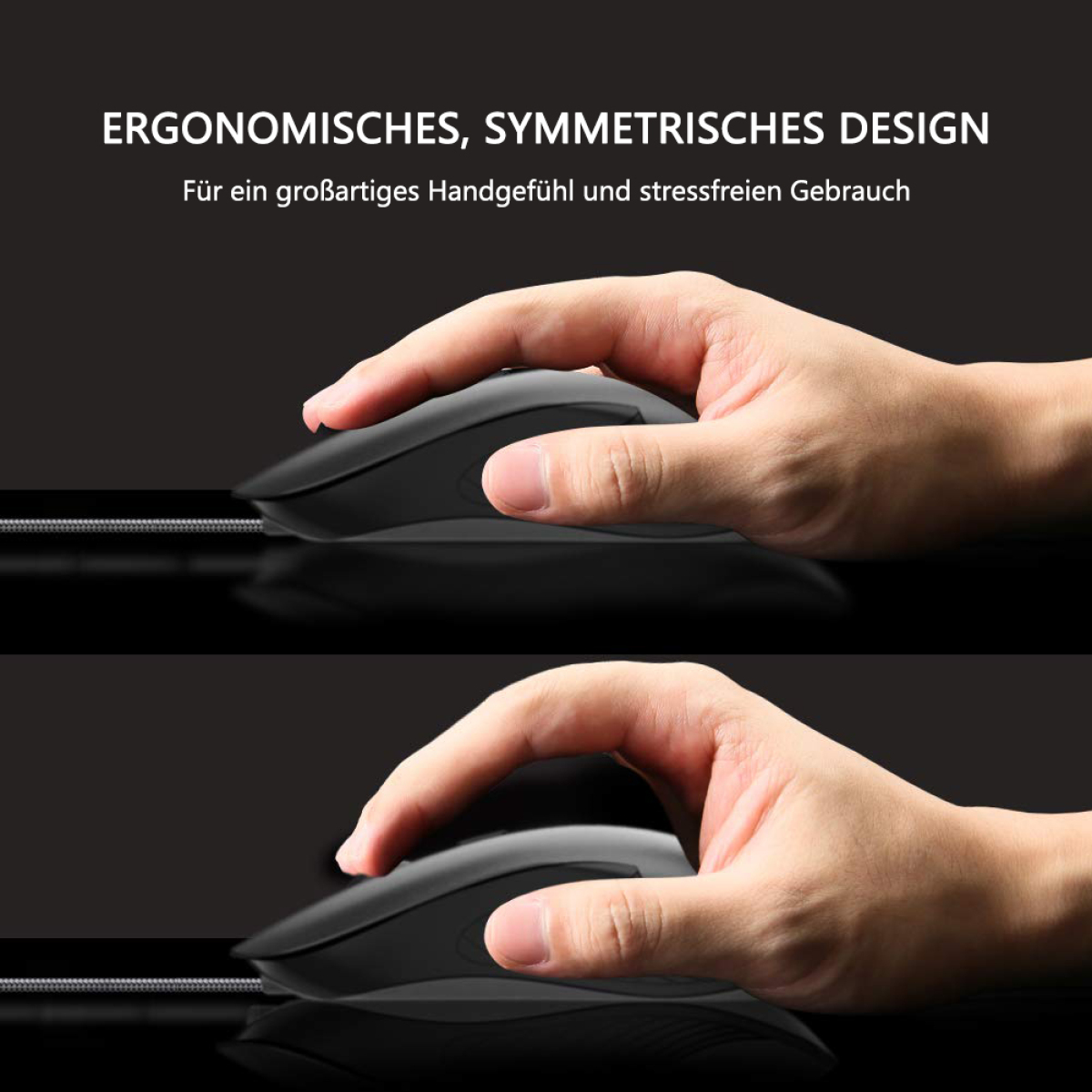 Hände halten eine schwarze Computermaus, ergonomisches Design, auf reflektierender schwarzer Oberfläche.