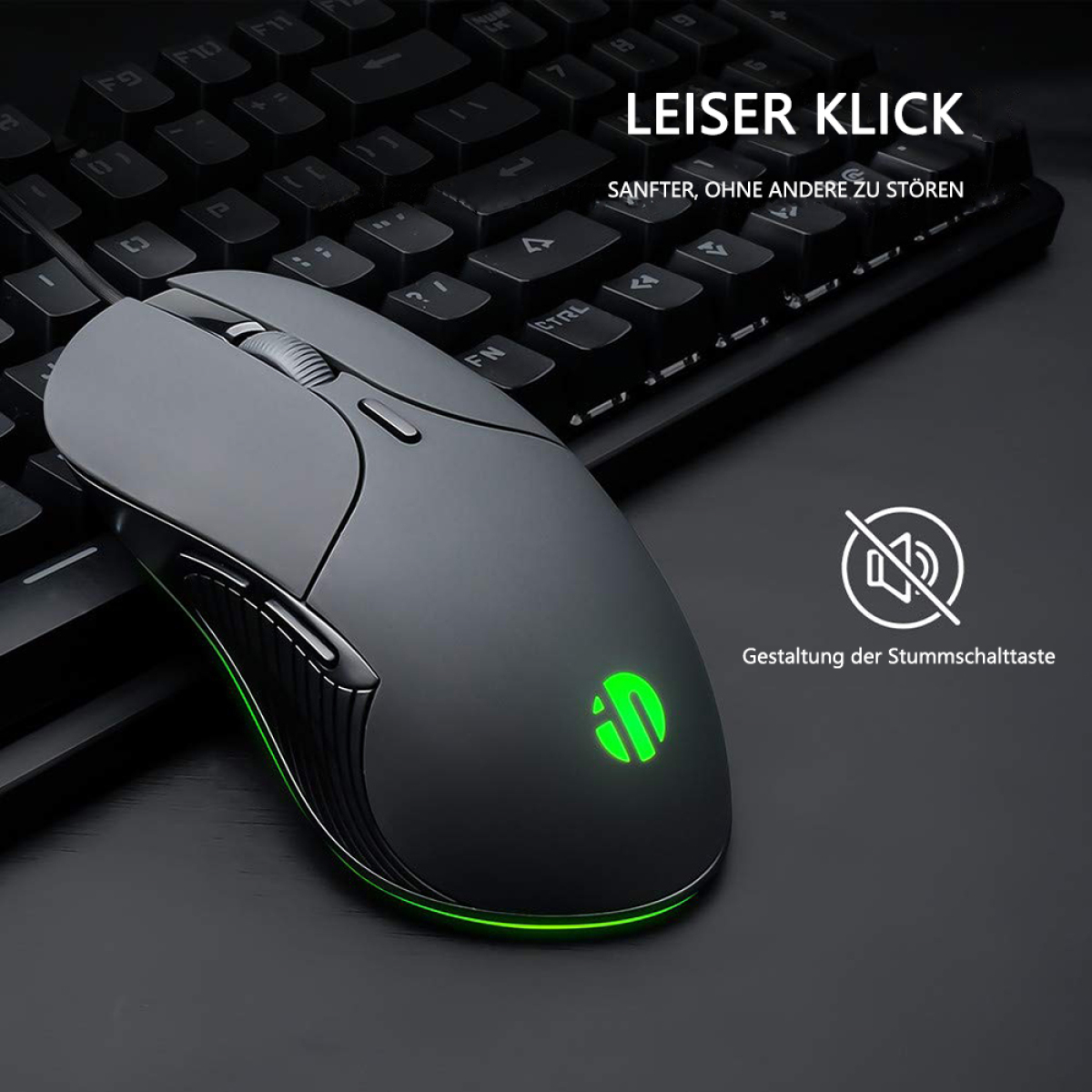 Eine schwarze Maus mit grüner Beleuchtung und einer Tastatur im Hintergrund.