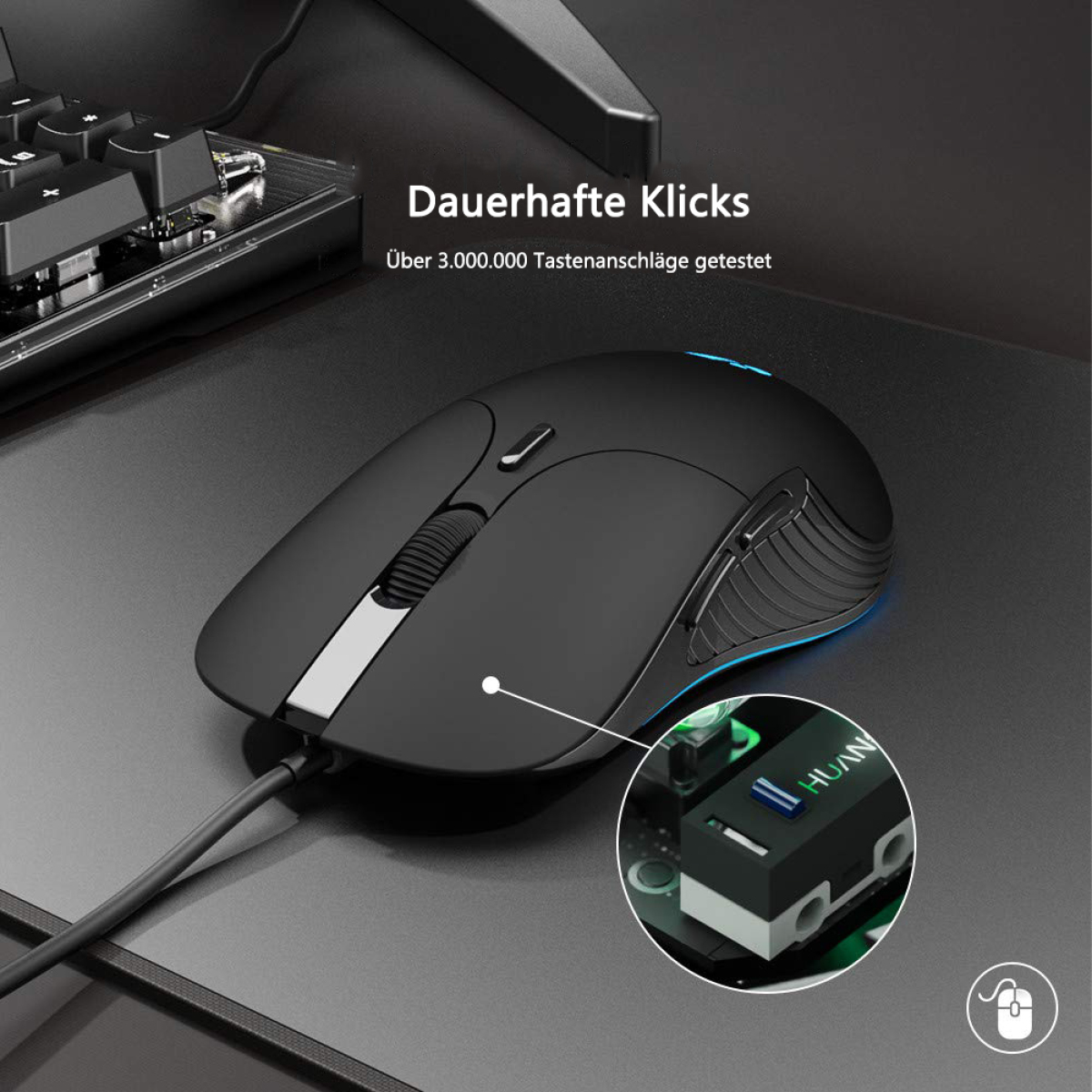 Eine schwarze Computermaus auf einem Schreibtisch, die die internen Komponenten zeigt. Text deutet auf dauerhafte Klicks hin.