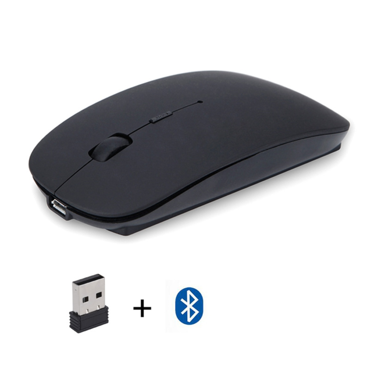 Schwarze Maus mit USB-Empfänger und Bluetooth-Symbol. Scrollrad und USB-Anschluss. Weißer Hintergrund.