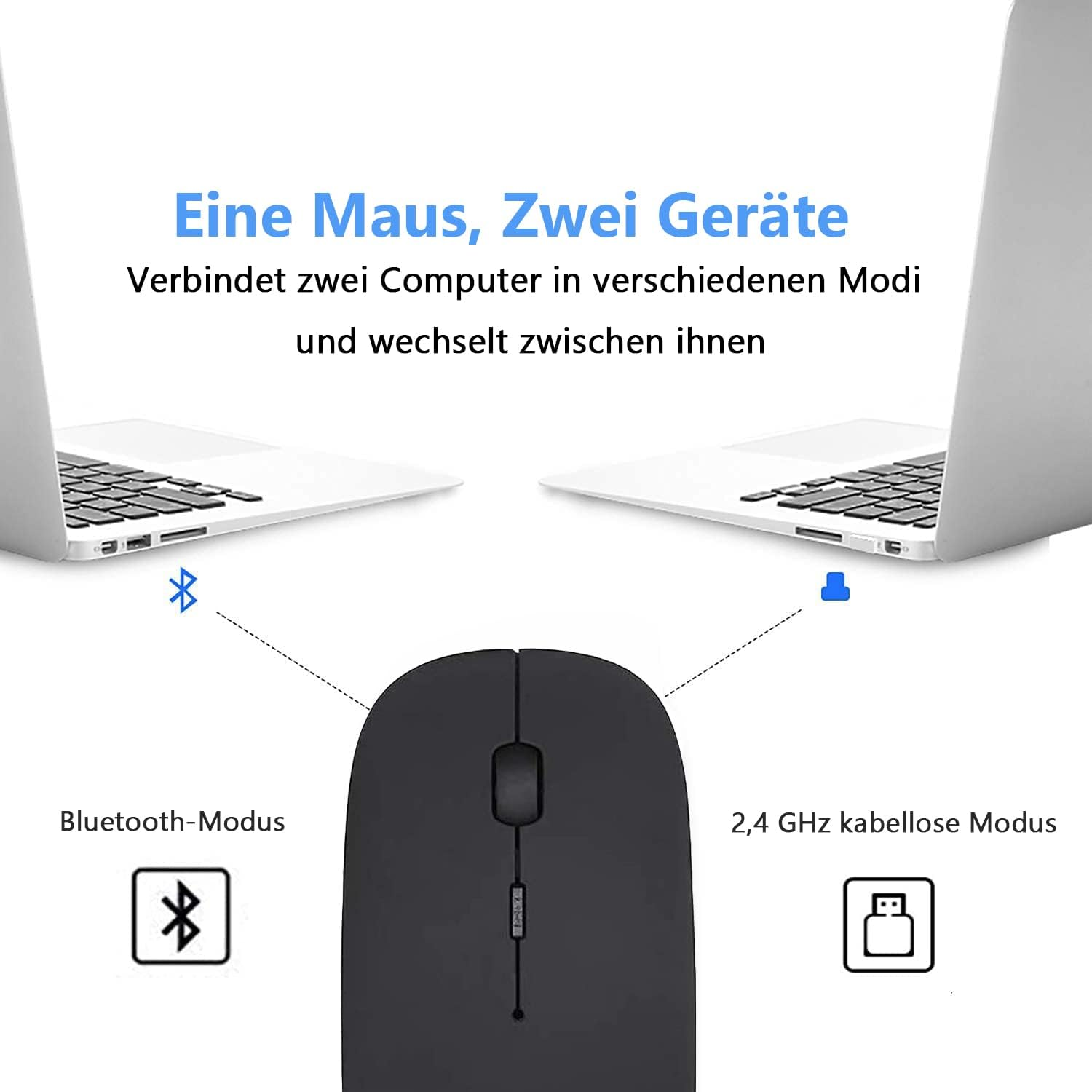 Maus mit zwei Laptops und zwei Verbindungsmodi. Verbindet sich in verschiedenen Modi mit zwei Computern.