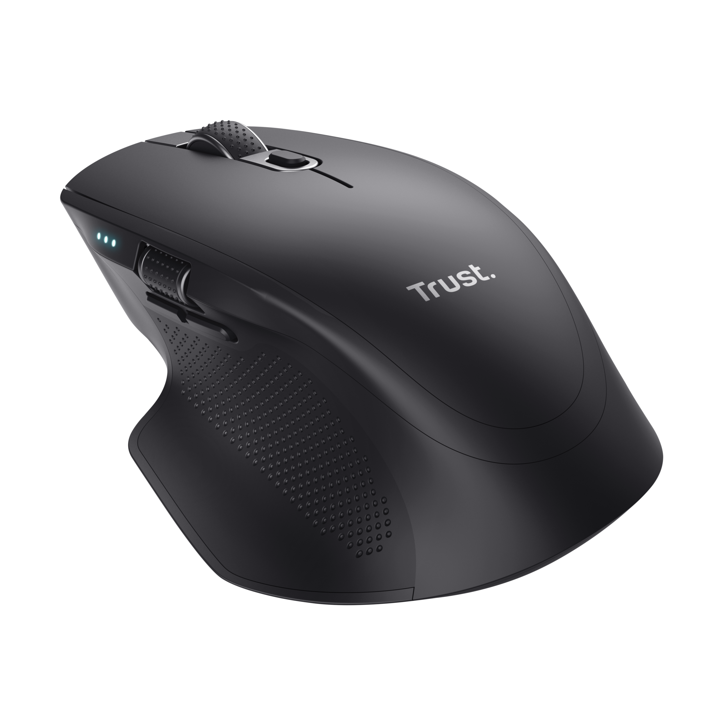 A black ergonomic computer mouse with a Trust logo. It has buttons and a scroll wheel.