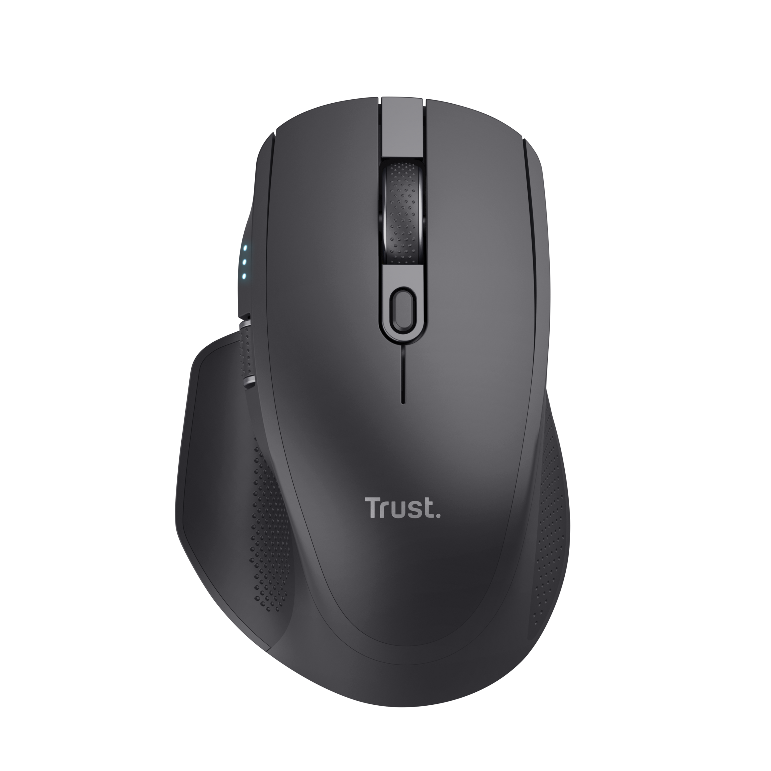 Black ergonomic mouse with a scroll wheel and side buttons, Trust brand.