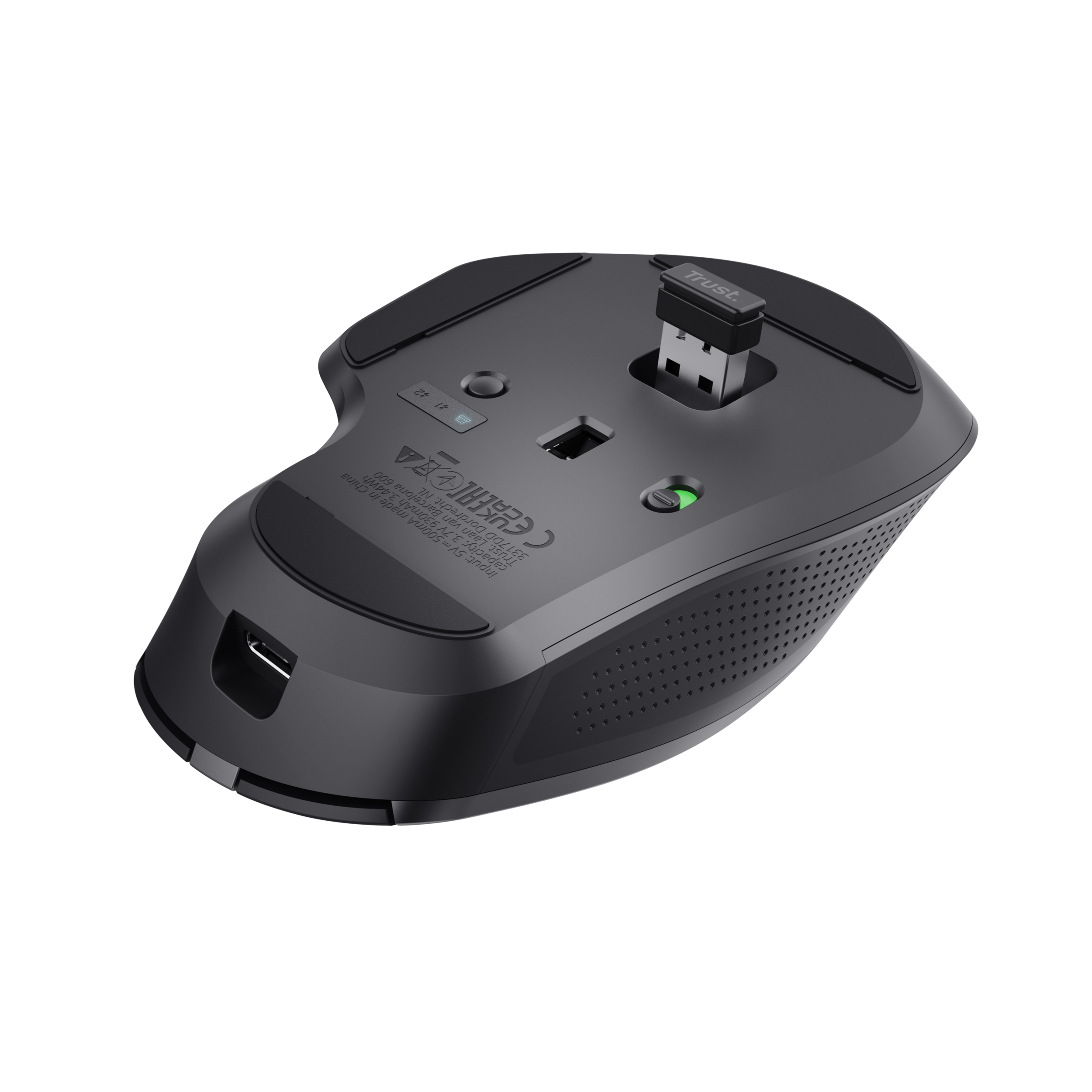 The underside of a black wireless mouse with a USB receiver plugged in. Features and buttons are visible.