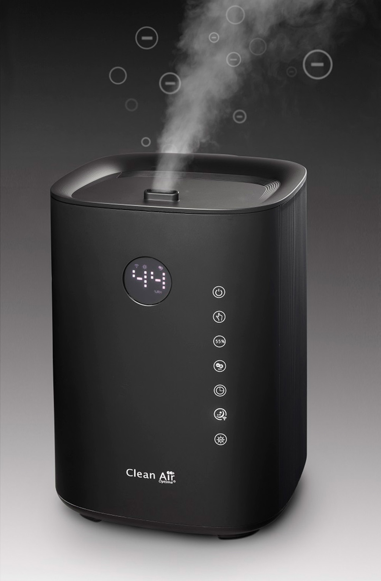 Czarny oczyszczacz powietrza z wyświetlaczem cyfrowym '44' i parą unoszącą się z góry.