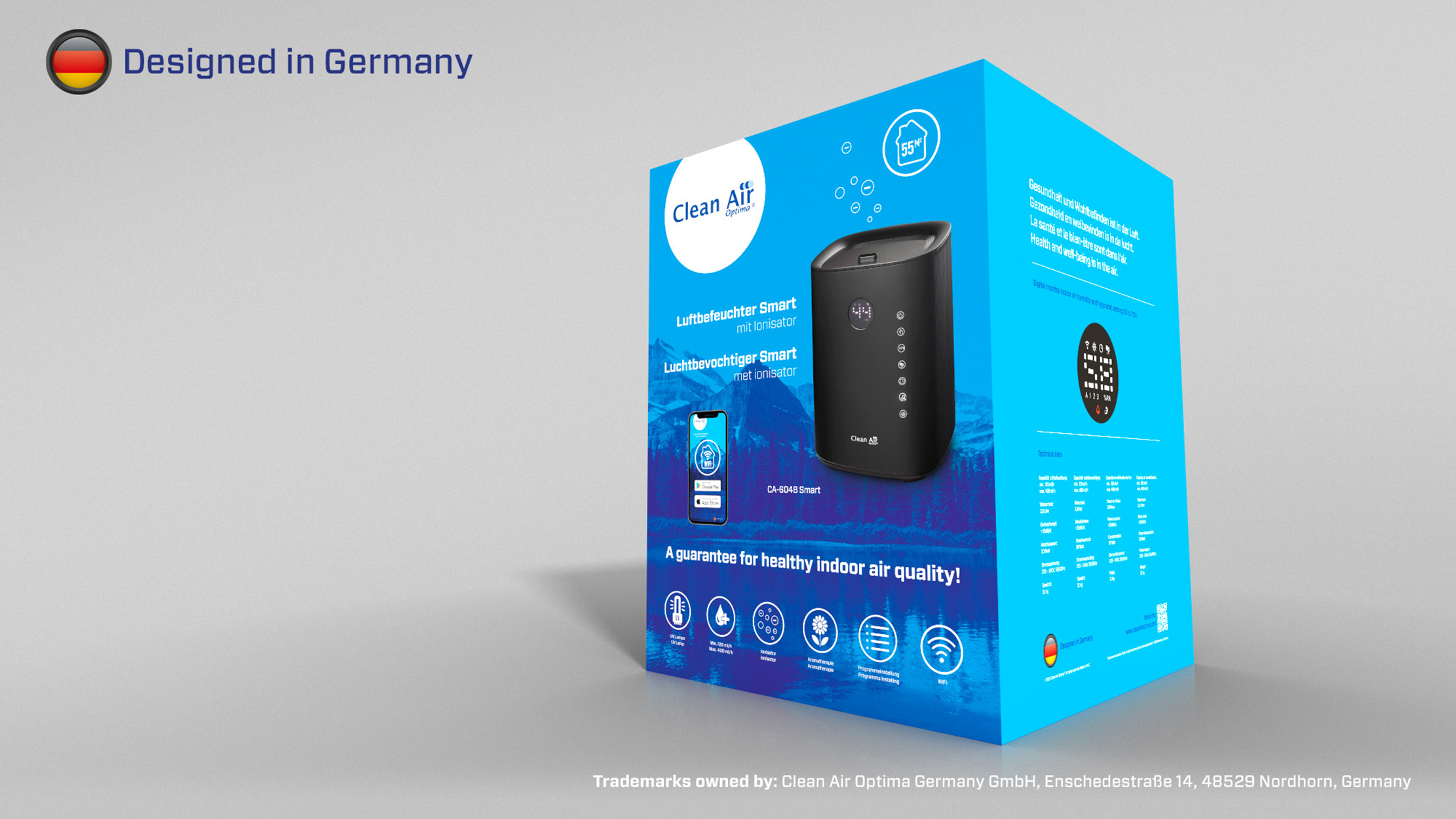 Niebieskie pudełko z oczyszczaczem powietrza w środku, zaprojektowane w Niemczech, białe tło.