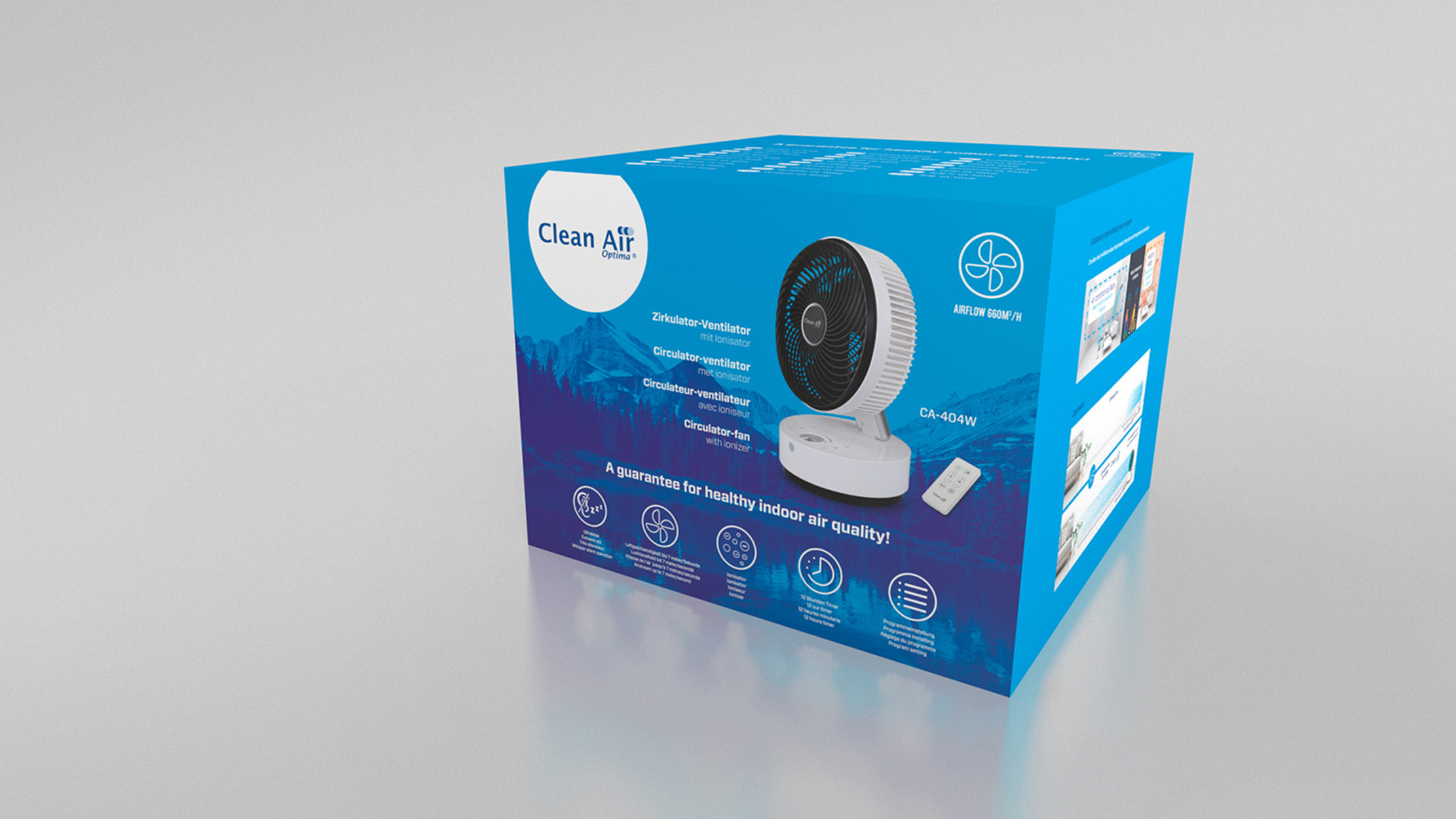 Une boîte bleue et blanche d'un ventilateur circulateur d'air 'Clean Air'.