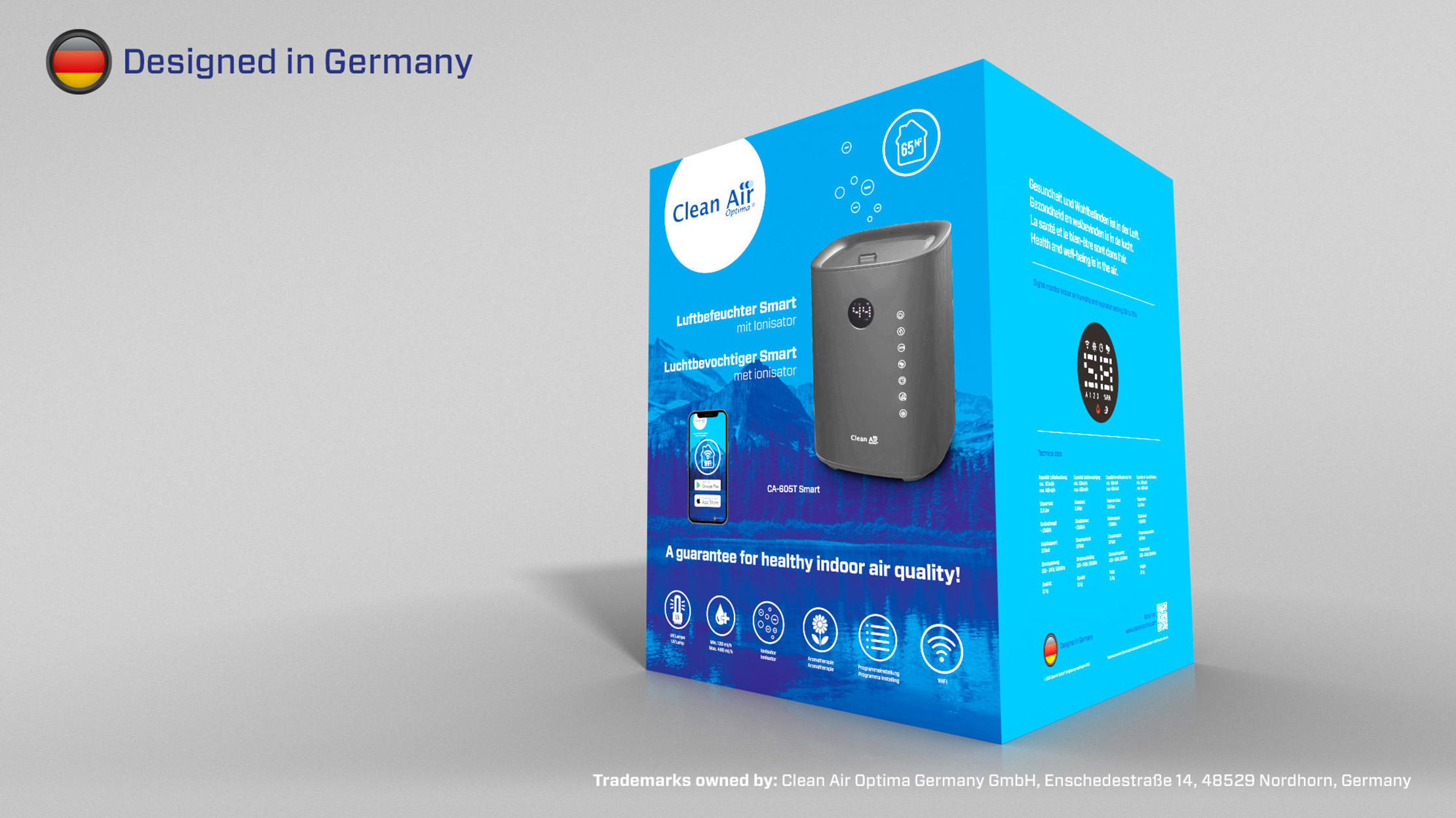 Karton eines Luftreinigers mit dem Text „Designed in Germany“ und anderem Text.