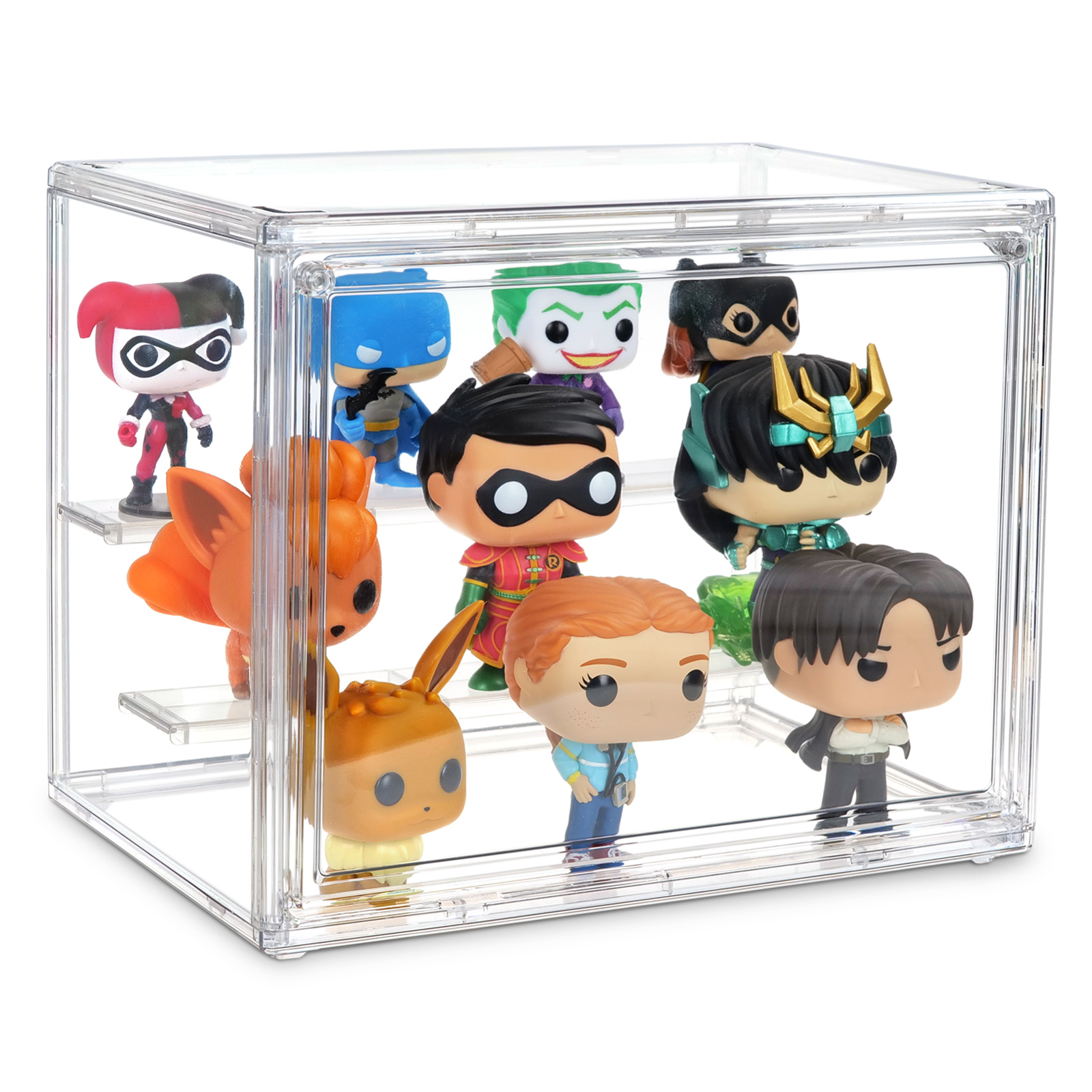 Eine transparente Vitrine mit Funko Pop Figuren, verschiedene Charaktere.