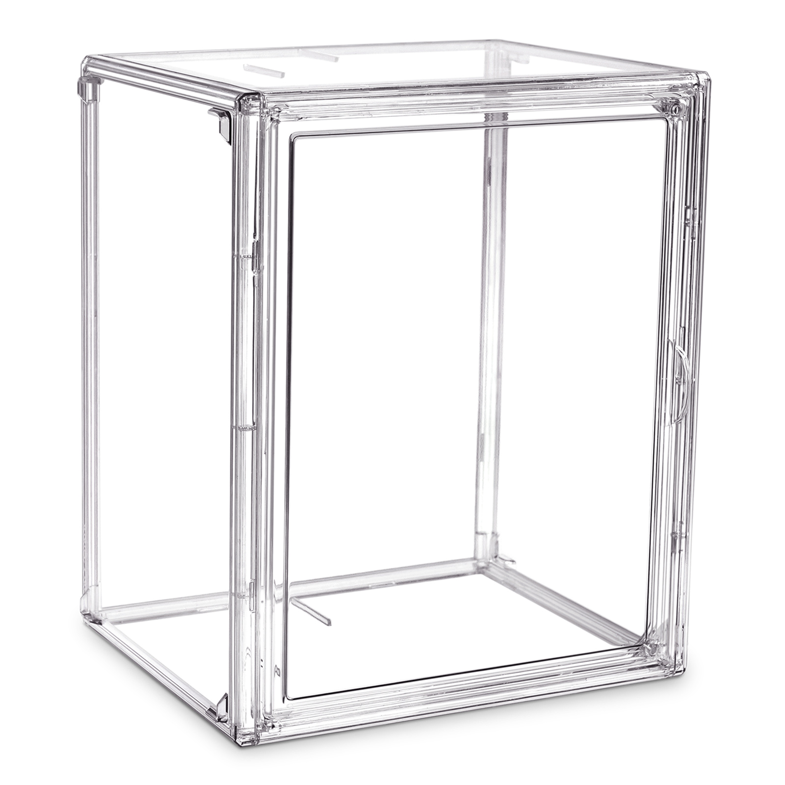Transparente Acryl-Displaybox. Es ist ein rechteckiger, transparenter Behälter. Weißer Hintergrund.