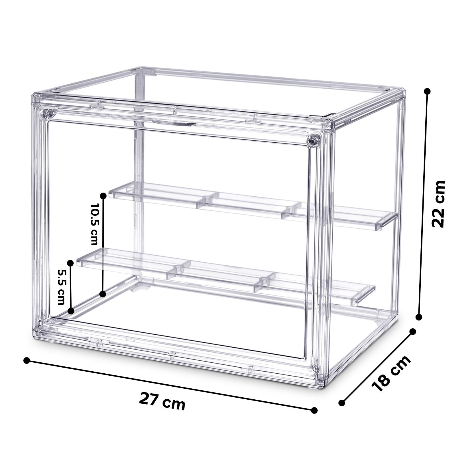 Transparente Vitrine mit Regalen und Zentimeter-Maßen auf weißem Hintergrund.