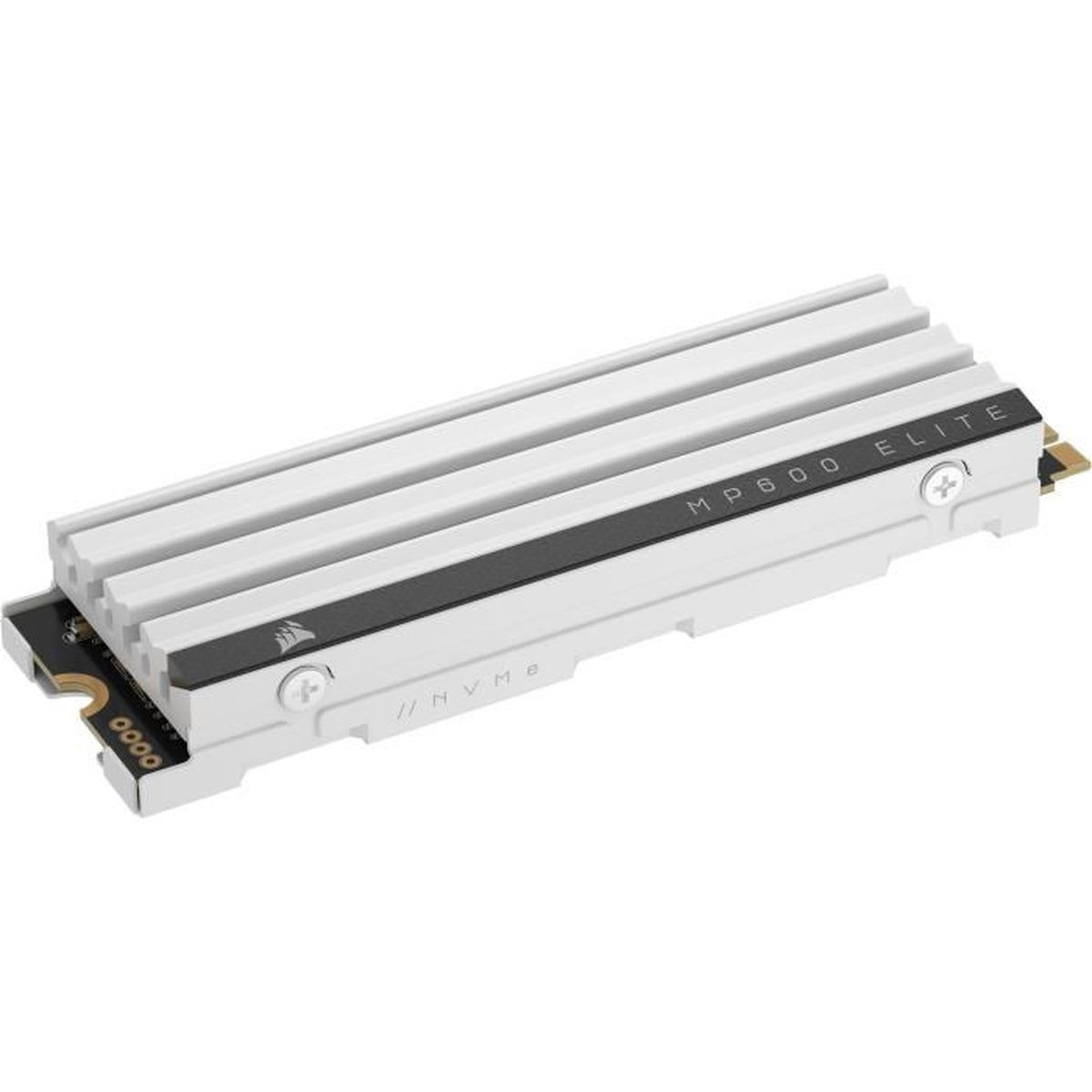 Biało-srebrny dysk SSD Corsair MP600 Elite NVMe. Ma radiator. Białe tło.