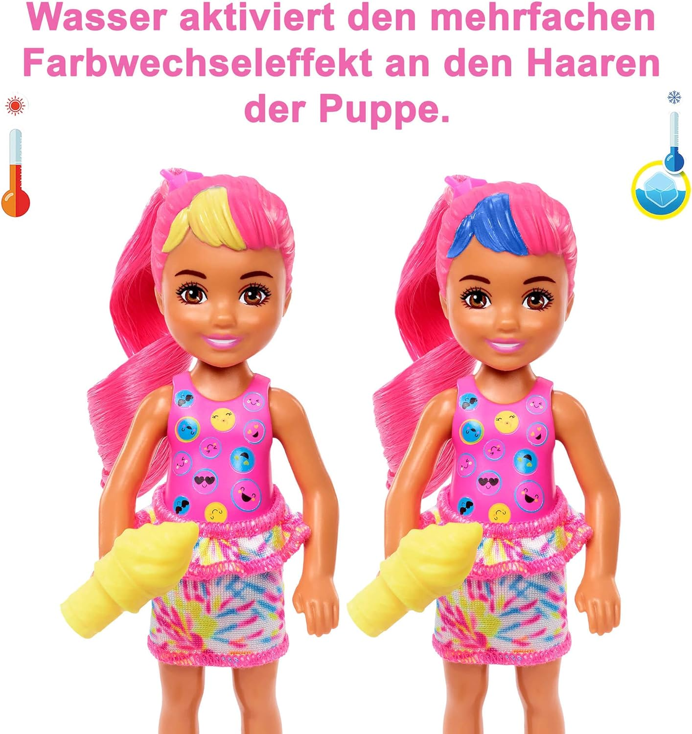 Zwei Puppen mit pinkem Haar und bunten Oberteilen, die gelbe Eiswaffeln halten.