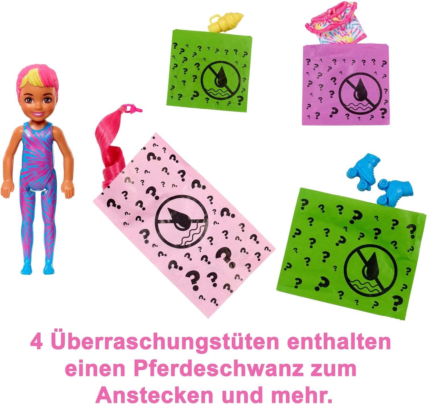 Eine Puppe mit Zubehör, darunter grüne und rosa Taschen mit einem Verbotszeichen und ein rosa Haarteil.