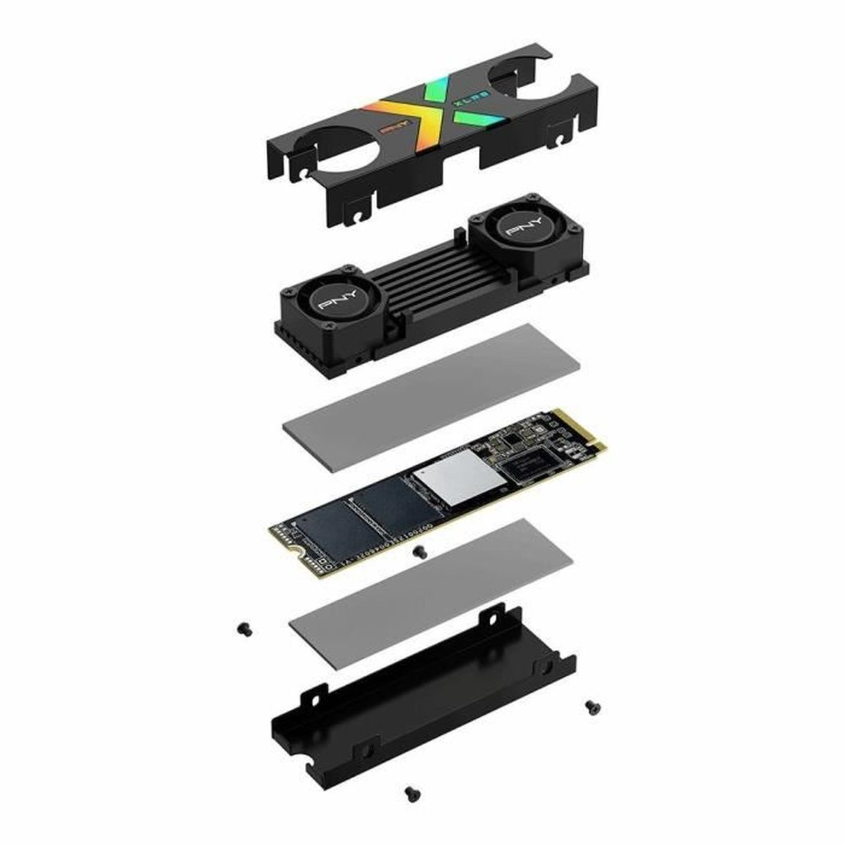 Vista esplosa di un SSD nero e argento con componenti di raffreddamento.