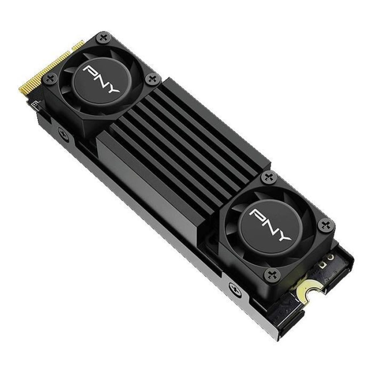 PNY SSD con ventole, corpo nero con alette, un componente del computer.