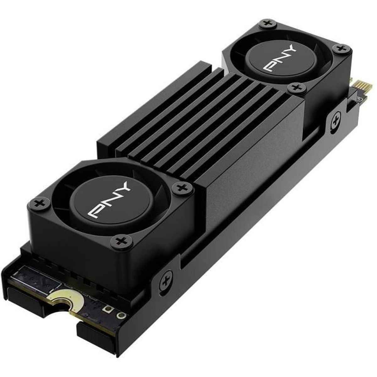 SSD PNY nero con due ventole. Il dispositivo è nero e ha dissipatori di calore.