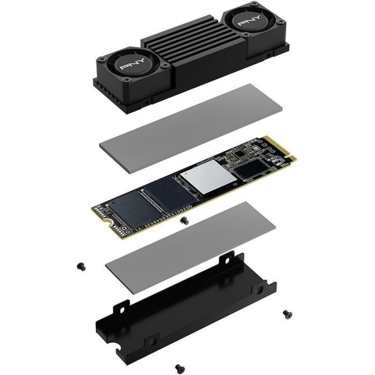 Vista esplosa di un componente per computer nero e argento con ventole.
