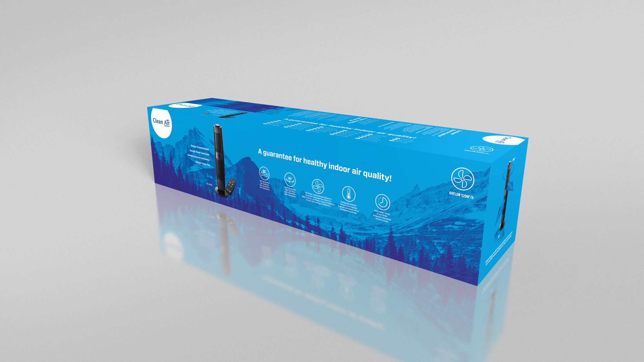 Eine lange, blaue Box mit Text und Grafiken. Sie hat ein Bild eines schwarzen Objekts. Die Box hat einen blauen Hintergrund.