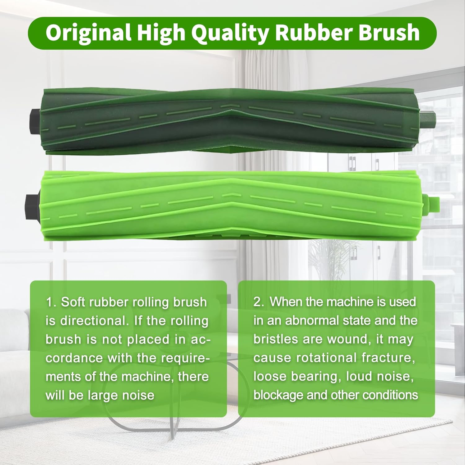 Dwie szczotki do robota sprzątającego, jedna zielona, z tekstem o jej funkcji.