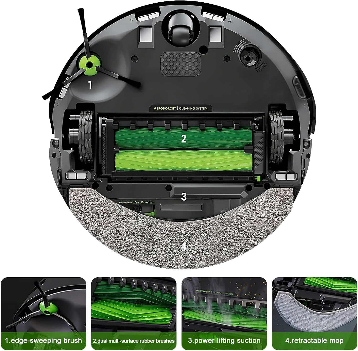 Robot sprzątający, widok z góry, ze szczotkami i nakładką do mopowania.