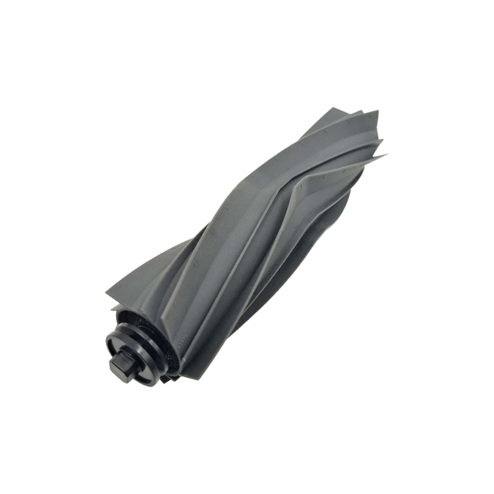 Brosse rotative pour un aspirateur. La brosse est grise, avec des lames inclinées. Conçue pour le nettoyage.