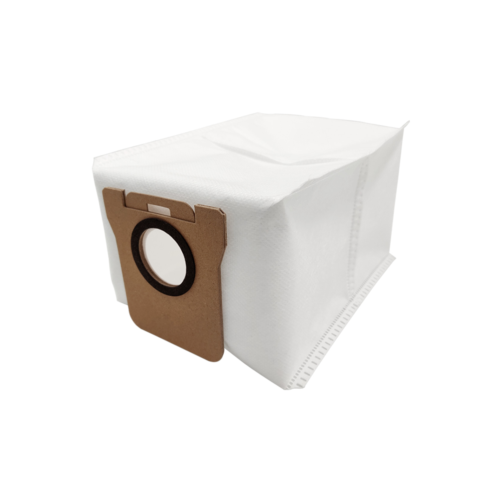 Un sac d'aspirateur blanc avec une ouverture en carton marron. Il est rectangulaire et incliné pour la vue.