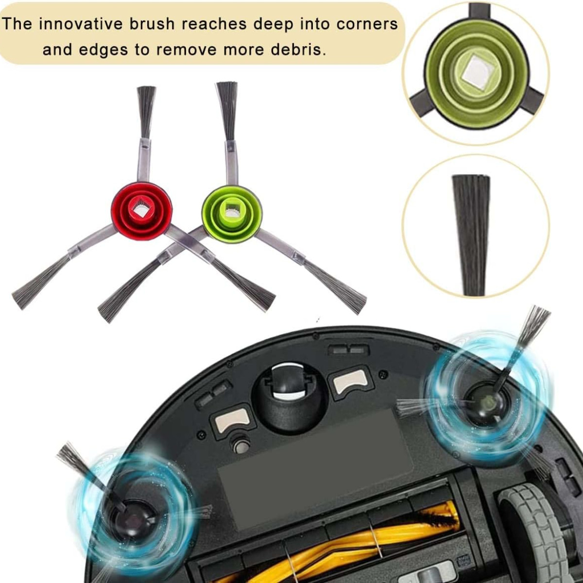 Odkurzacz robot z dwiema obrotowymi szczotkami. Widoczne dodatkowe szczotki i diagramy kołowe.