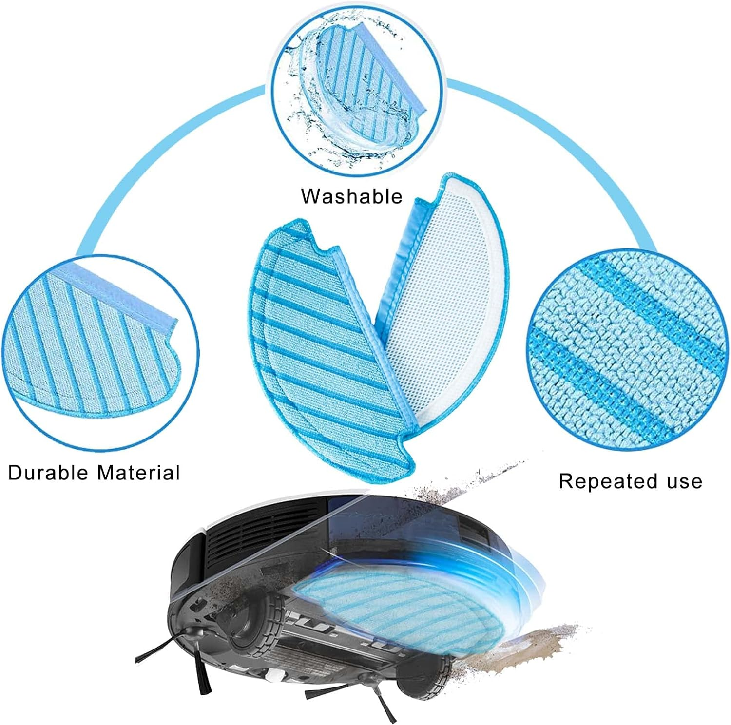 Schemat części robota sprzątającego: zmywalna nakładka, trwały materiał i powtórne użycie.
