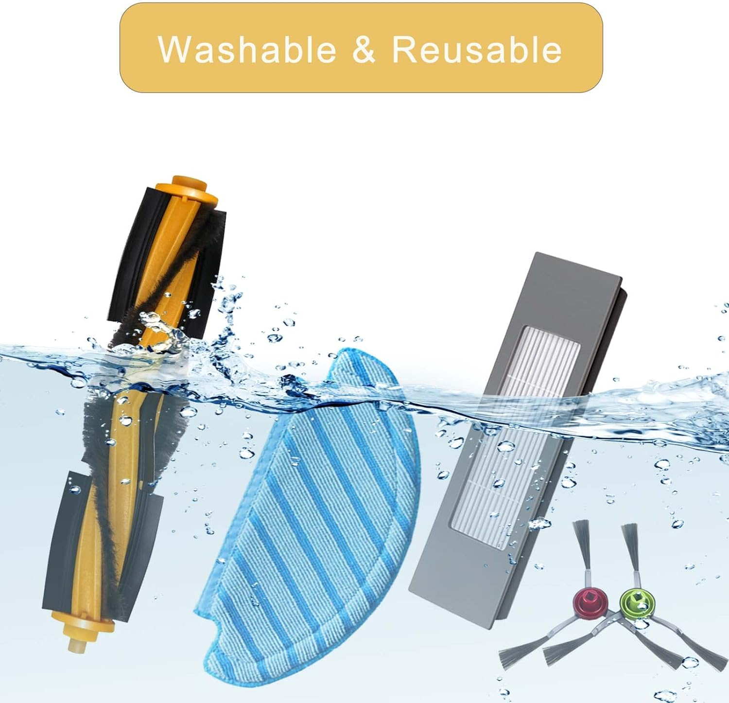 Części robota sprzątającego: wałki szczotek, nakładka czyszcząca, filtr i szczotki boczne zanurzone w wodzie.