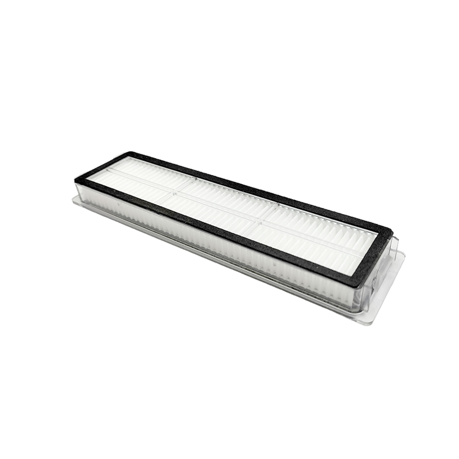 Ein weiß-schwarzer Filter für einen Staubsauger. Rechteckige Form mit schwarzem Rahmen.