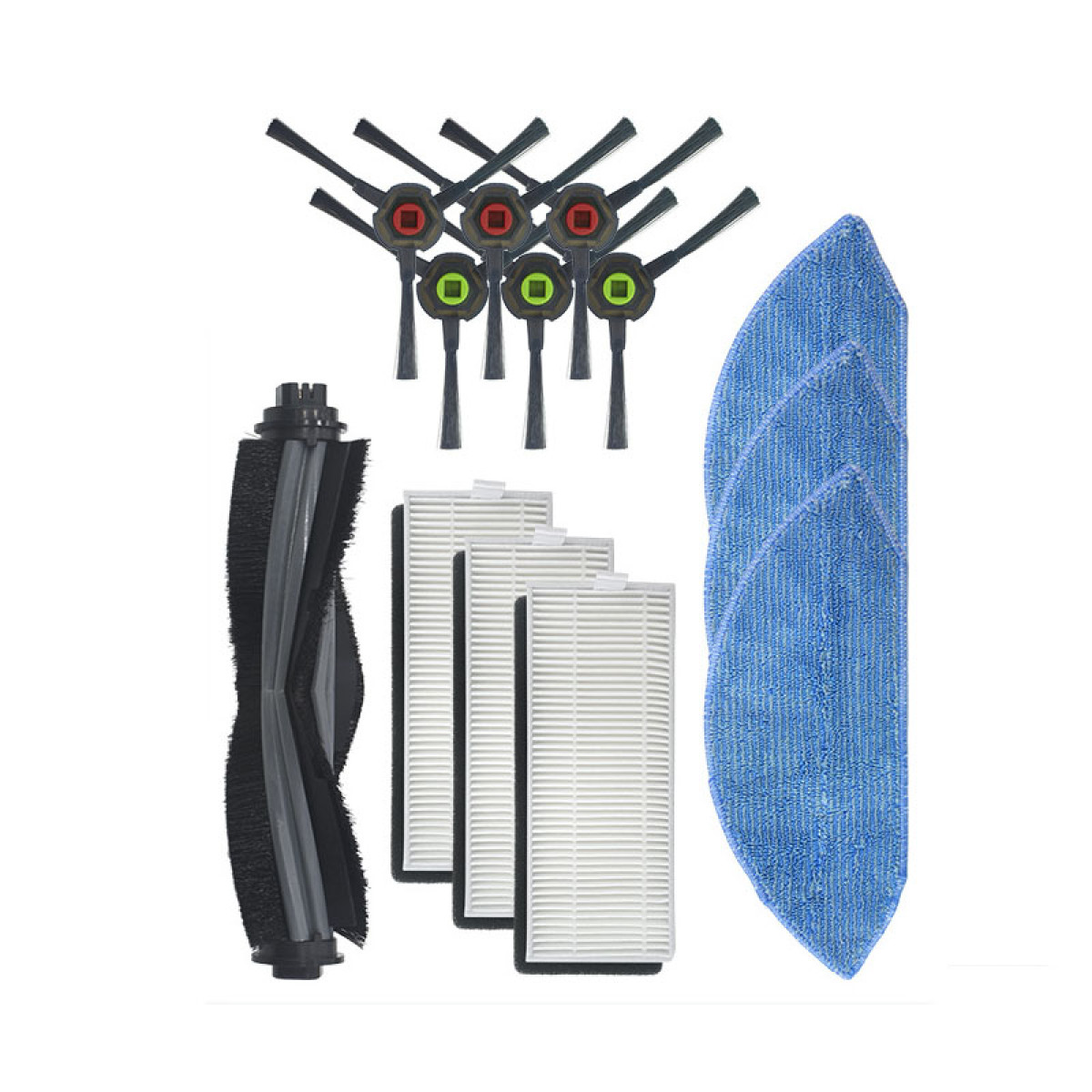 Zestaw akcesoriów do czyszczenia robota sprzątającego, w tym szczotki, filtry i pady czyszczące.