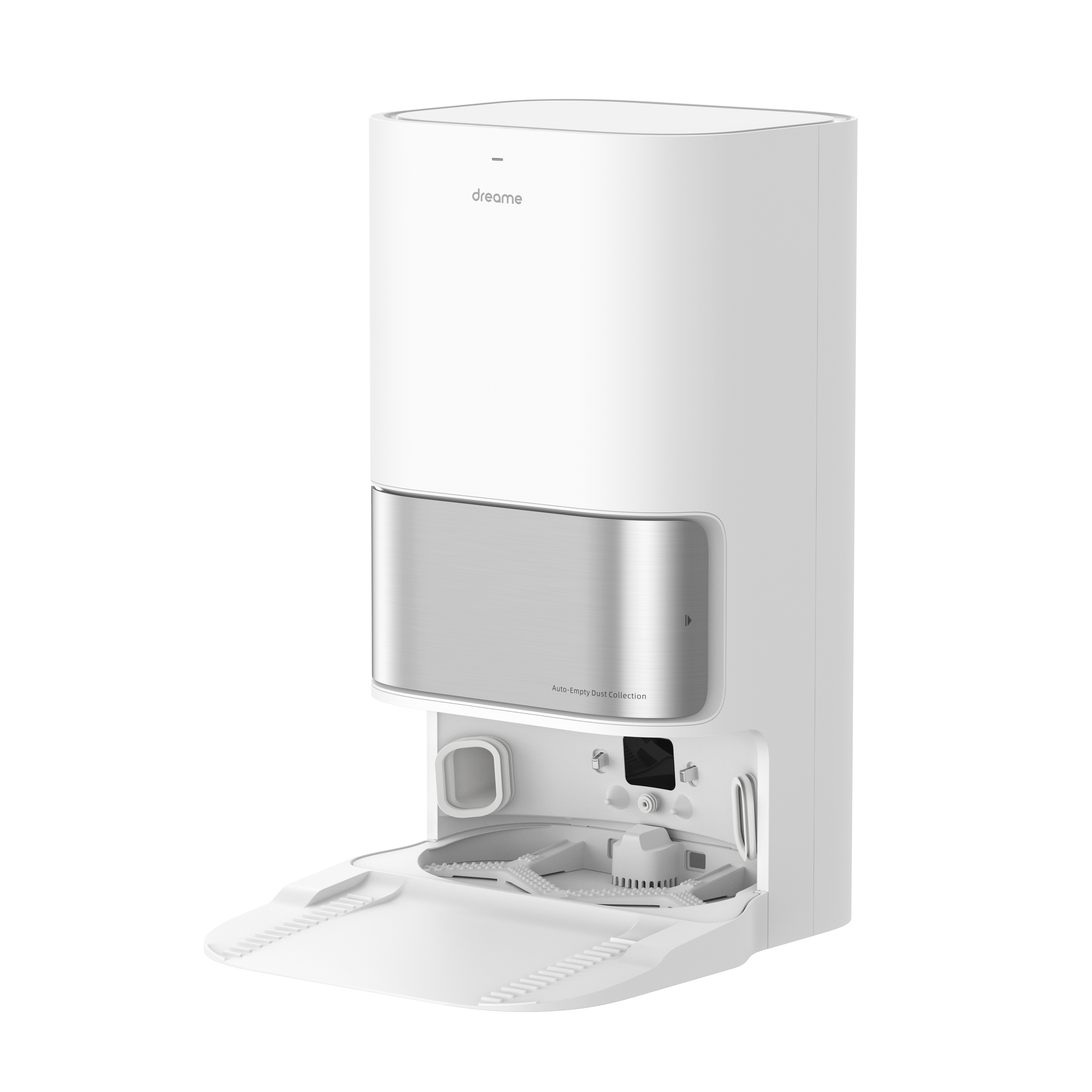 Weißes Dreame-Gerät mit silberner Frontplatte, offenem Staubbehälter, weißer Hintergrund.