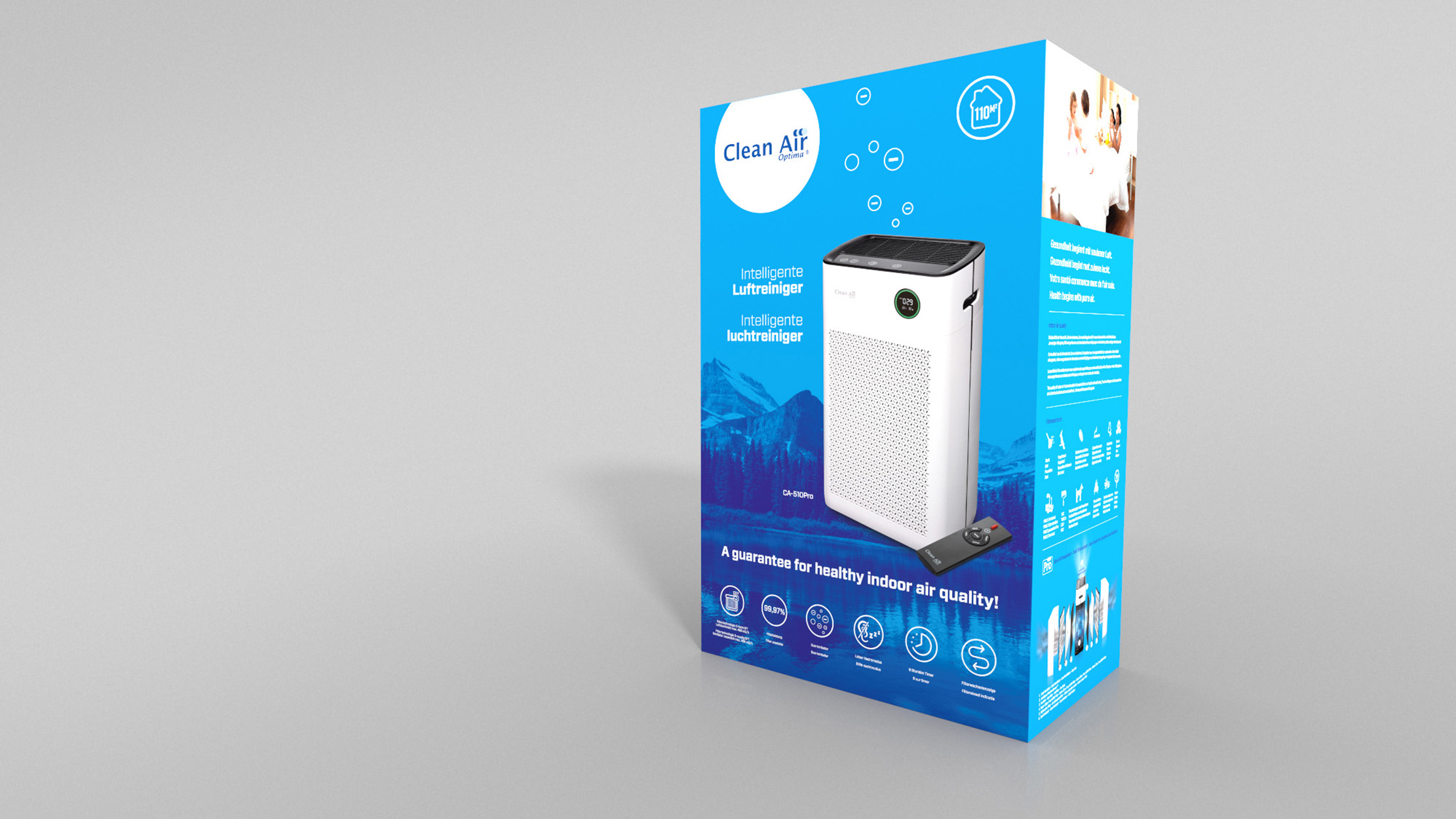 Una scatola blu per purificatore d'aria. Un purificatore d'aria bianco è sulla scatola. Testo sulla scatola.
