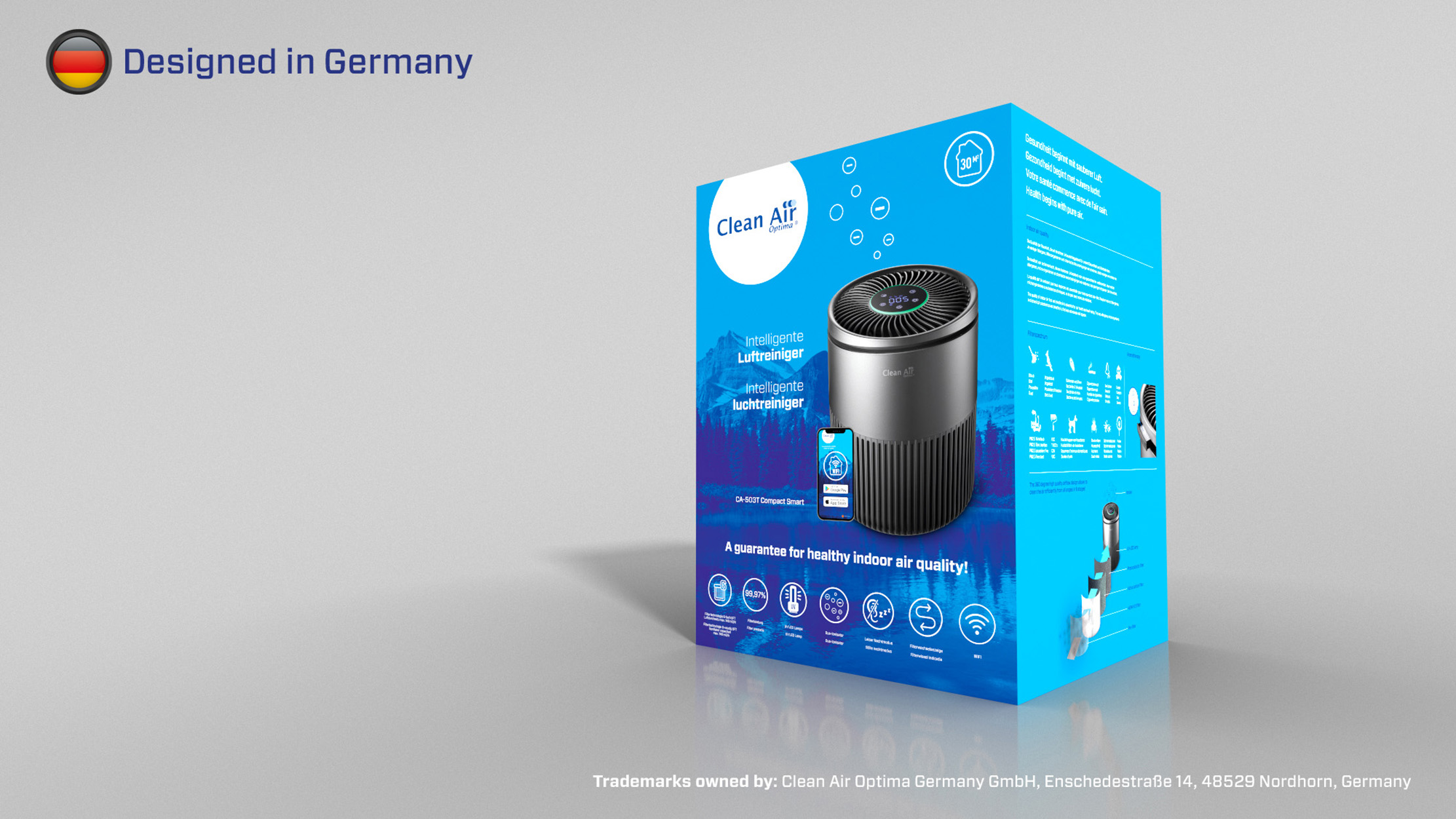 Scatola con purificatore d'aria, progettata in Germania. La vista laterale mostra i dettagli del prodotto.