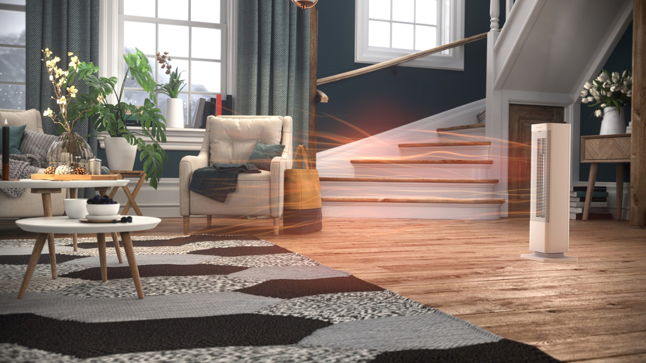 Scena wnętrza z grzejnikiem i meblami. Grzejnik emituje fale ciepła w kierunku schodów. Przytulny salon.