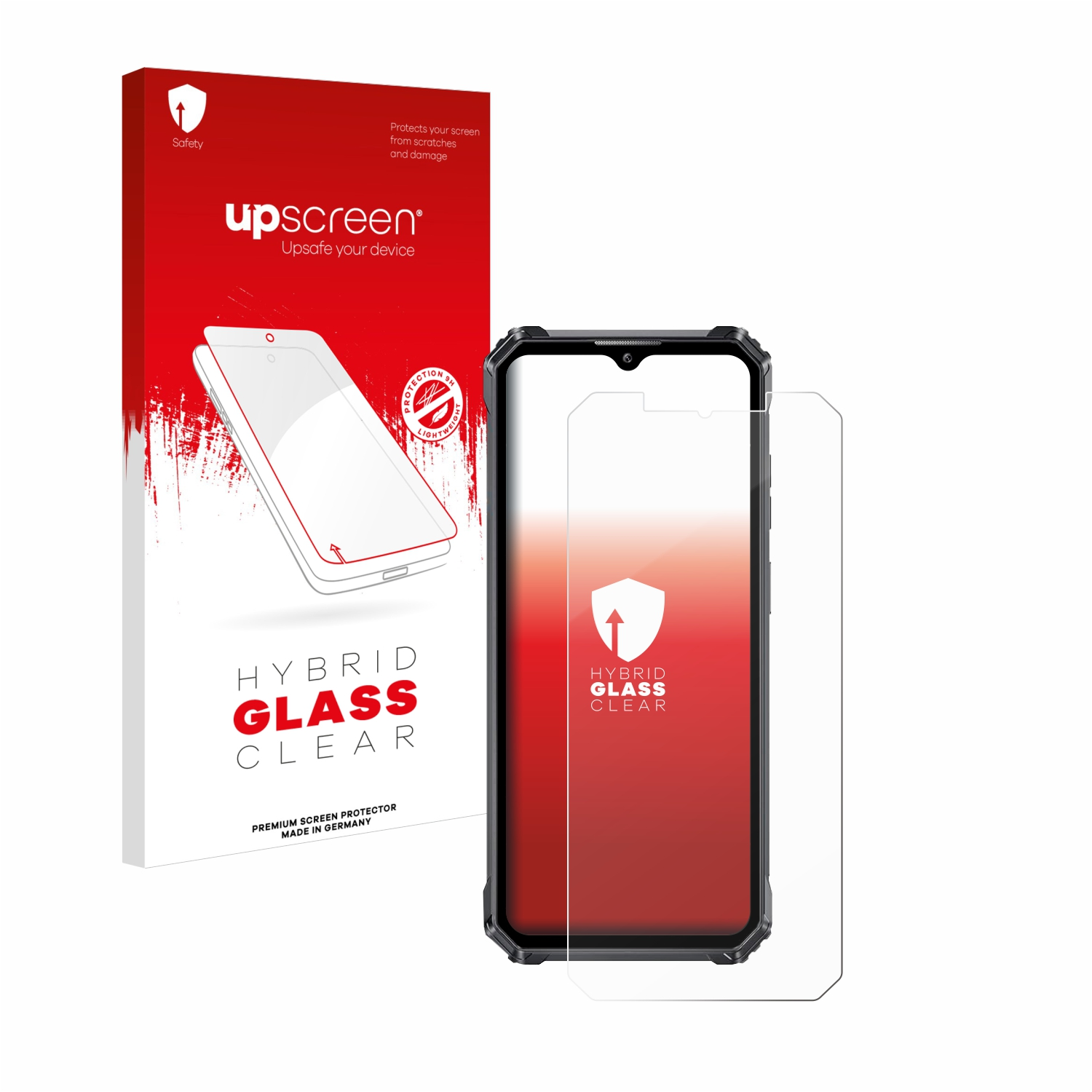 Eine Handy-Displayschutzbox und ein Displayschutz. Die Box ist rot und weiß. Weißer Hintergrund.